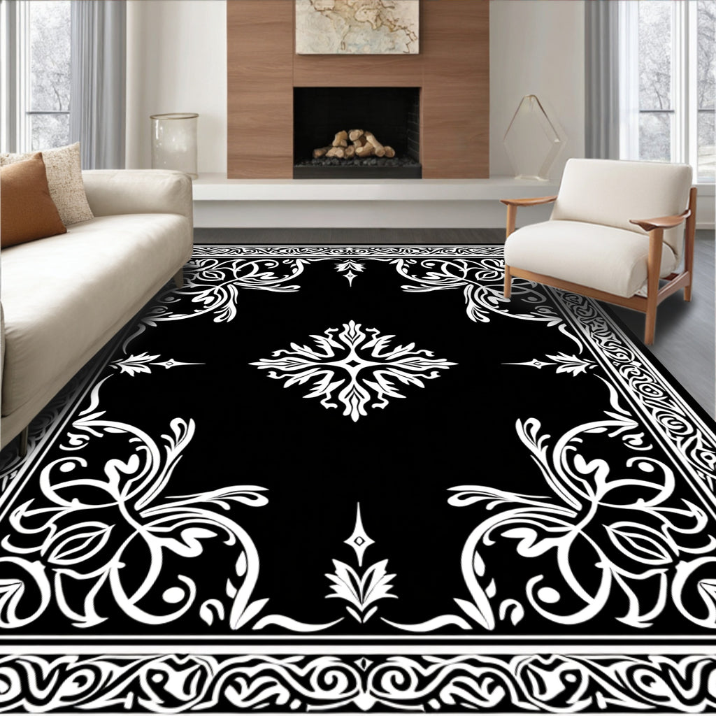 Ornate Black and White Floral Scroll Rug