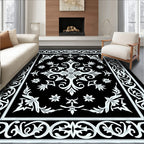 Ornate Black White Floral Medallion Rug