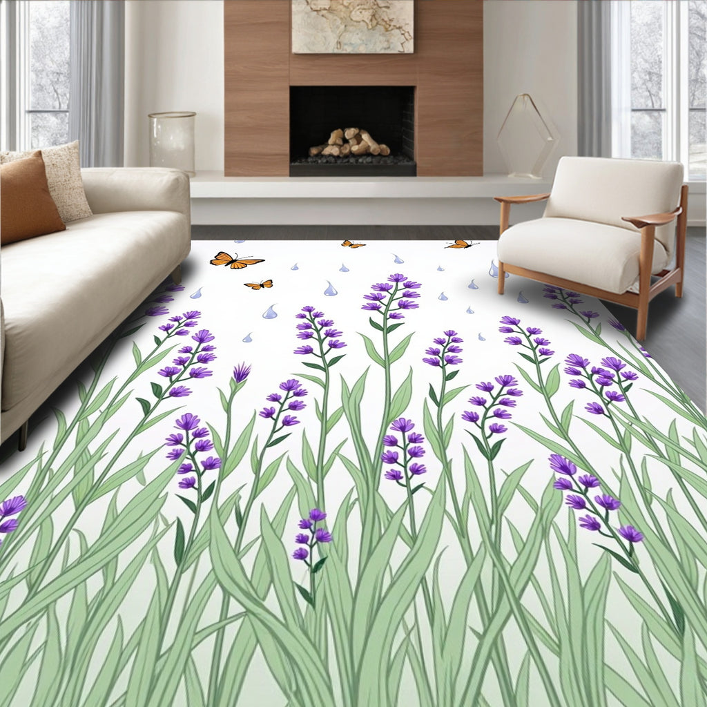 Garden Lavender Butterflies Rain Pattern Rug