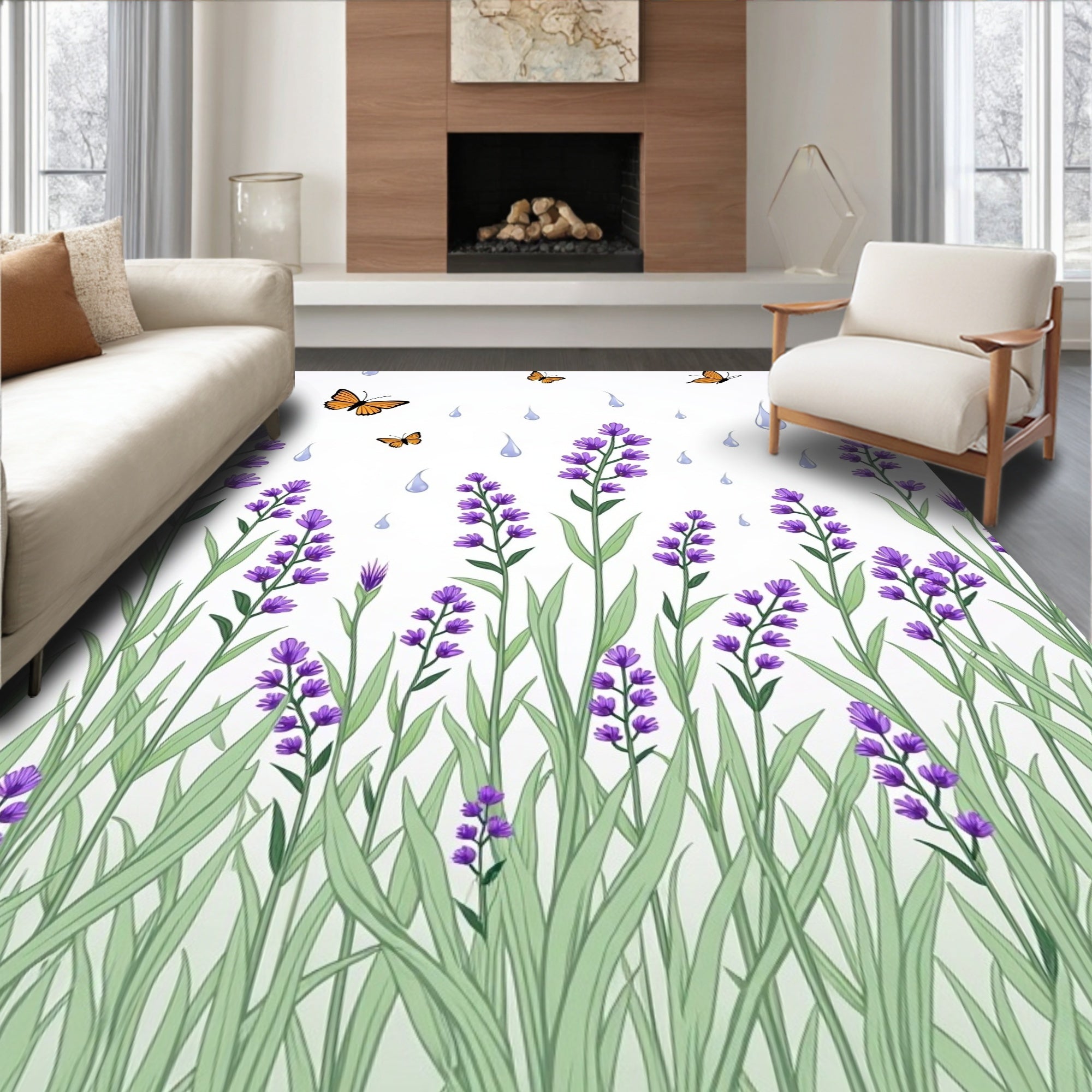 Garden Lavender Butterflies Rain Pattern Rug