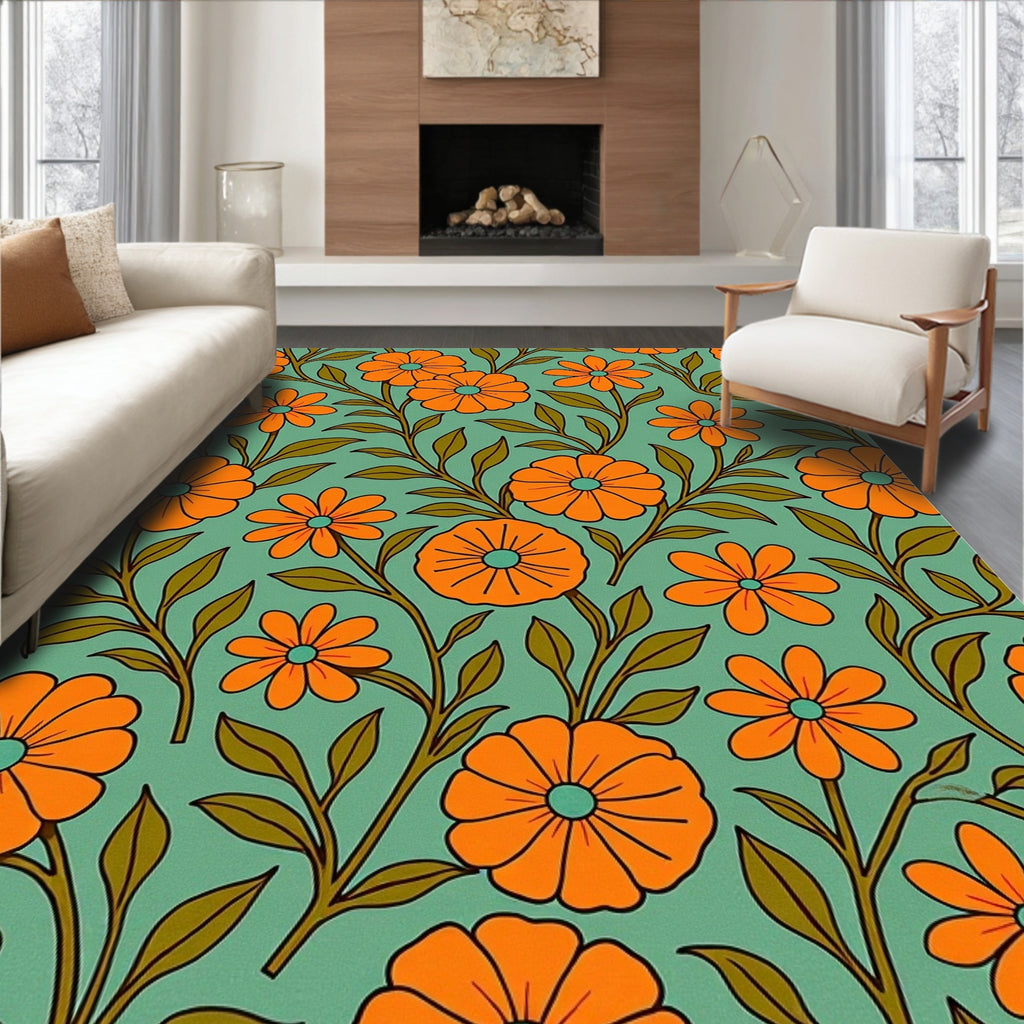Retro Orange Daisy Floral Pattern Rug