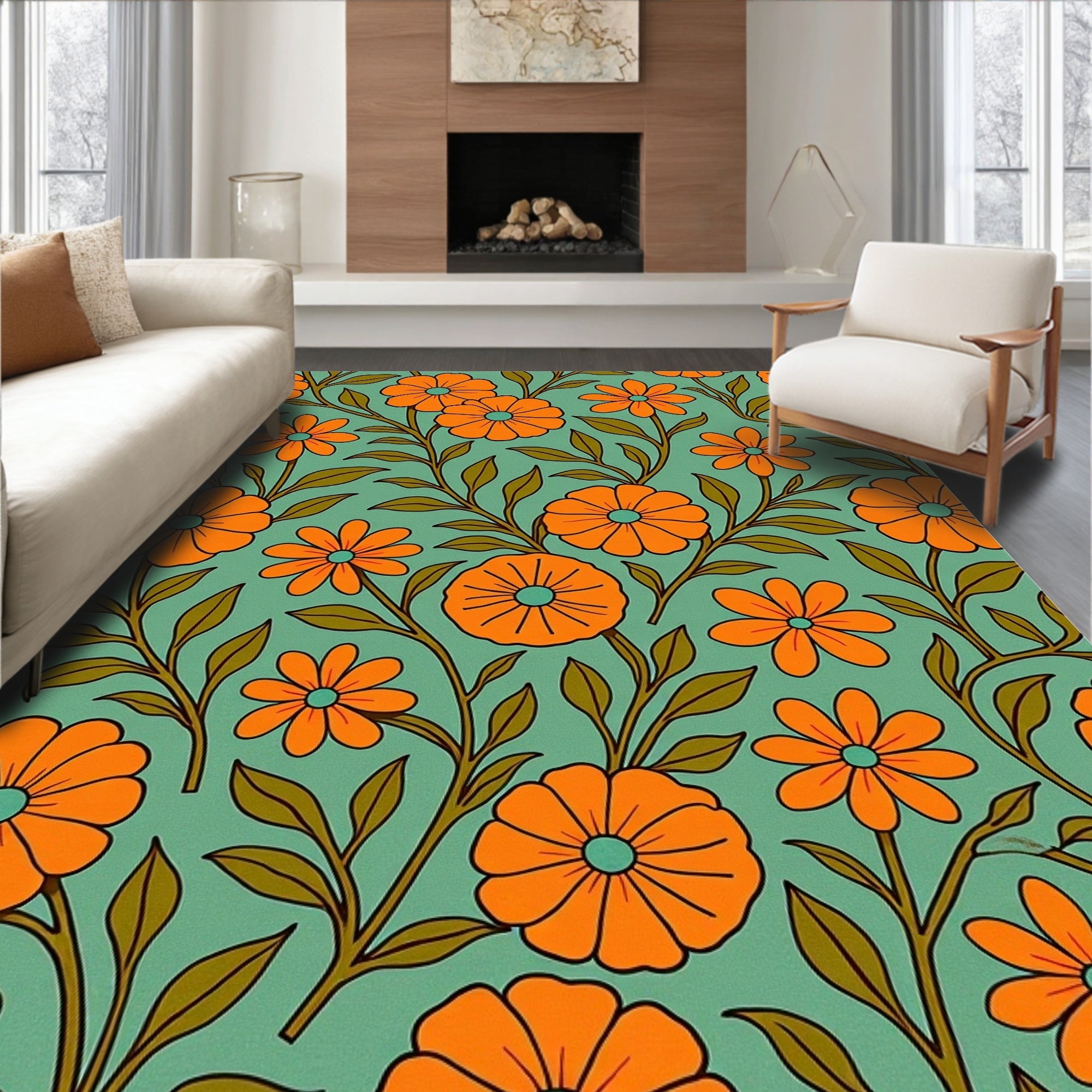 Retro Orange Daisy Floral Pattern Rug