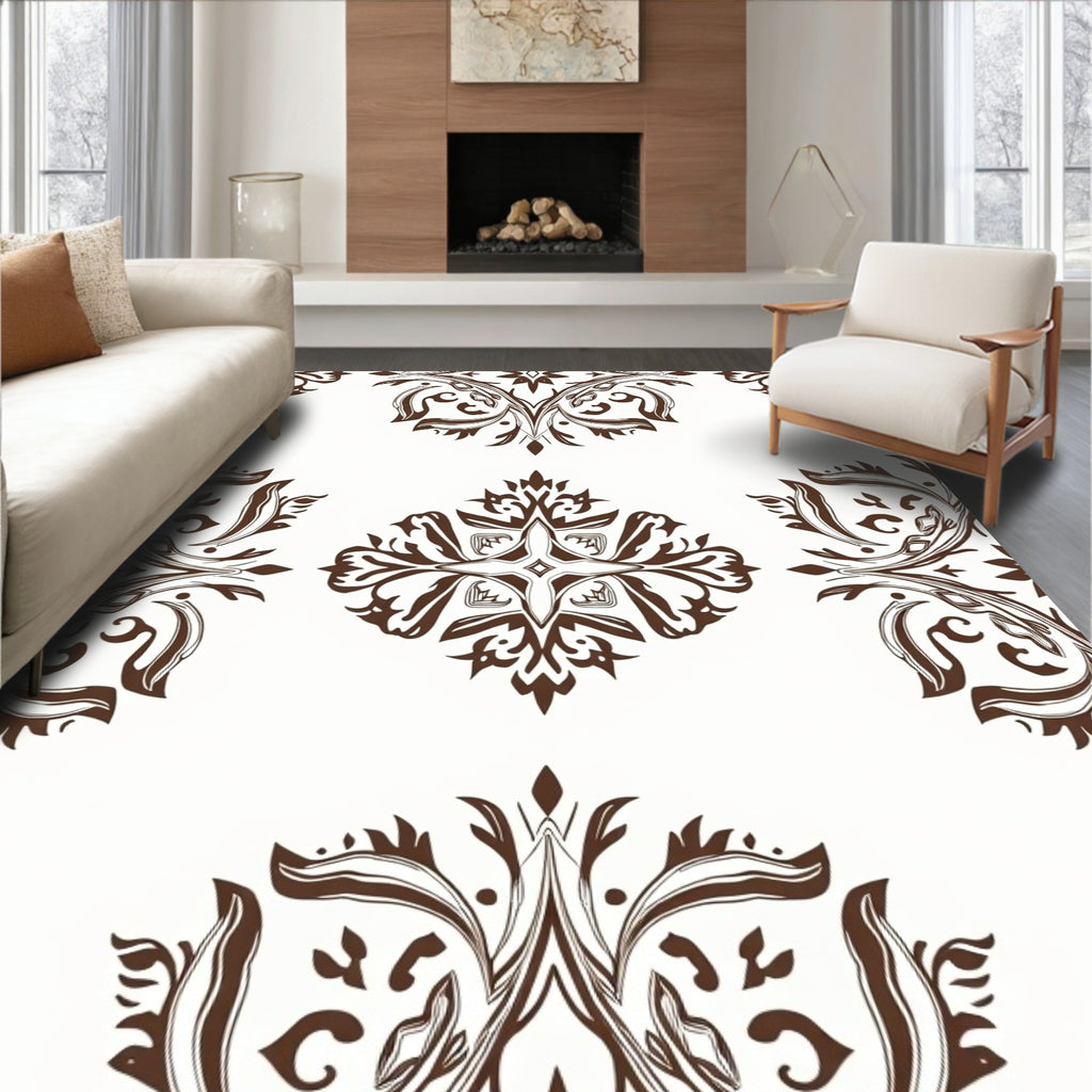 Intricate Brown Floral Damask Pattern Rug