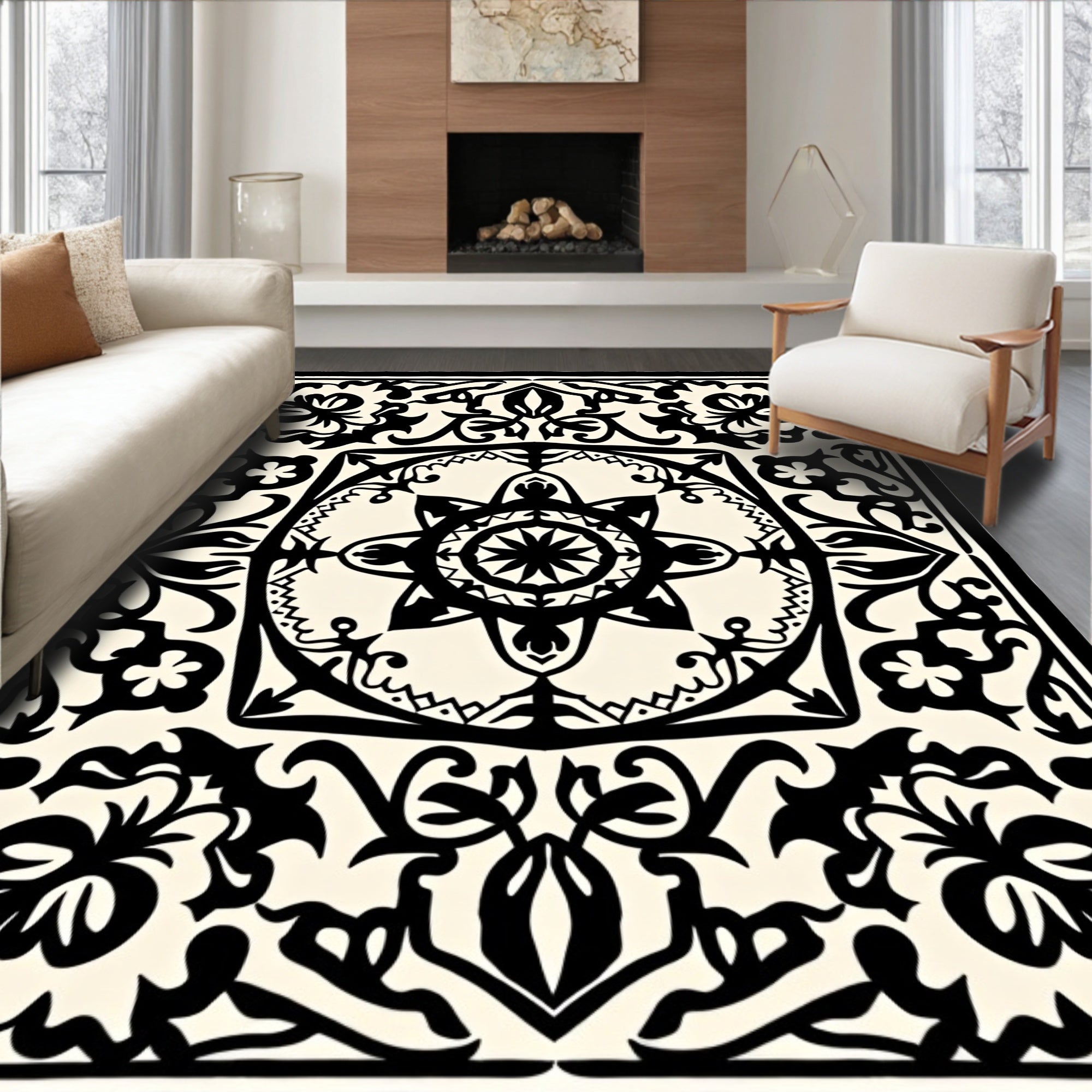 Monochromatic Floral Mandala Relief Rug