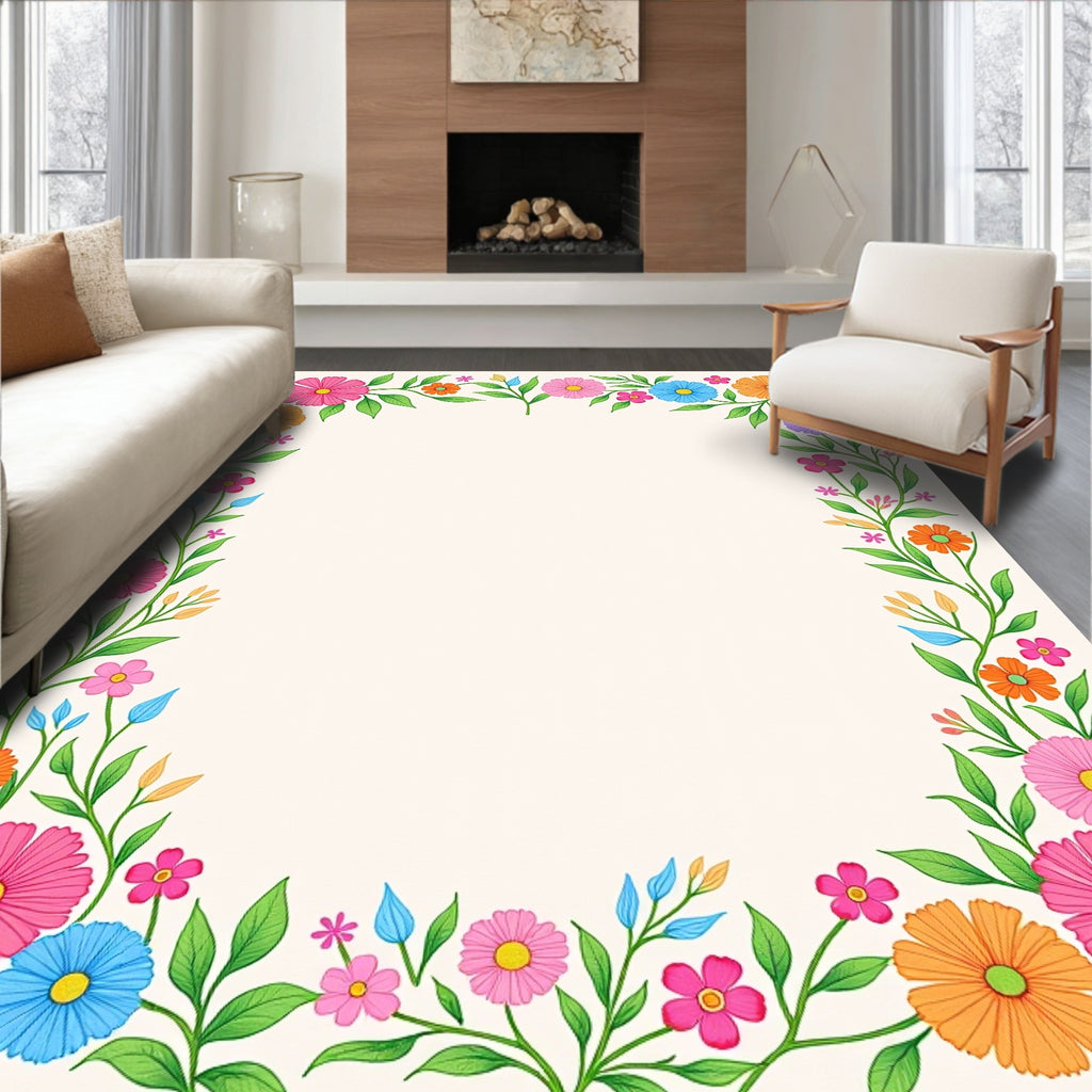 Vibrant Floral Border Design Rug