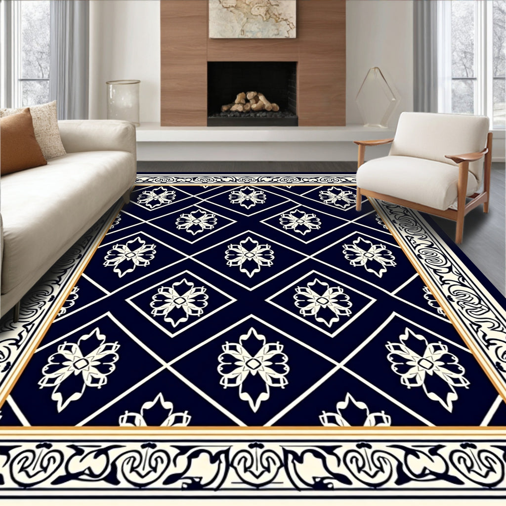 Elegant Navy White Floral Diamond Pattern Rug