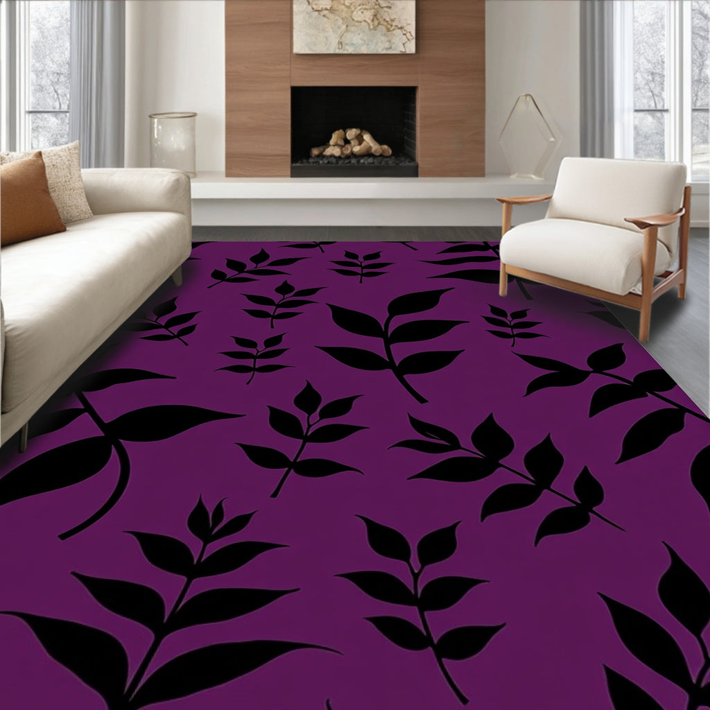 Dark Black Leaf Patterned Contemporary Rug