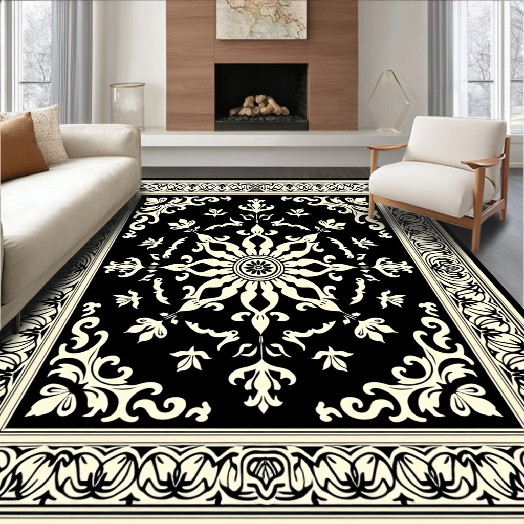 Elegant Floral Mandala Black Cream Rug