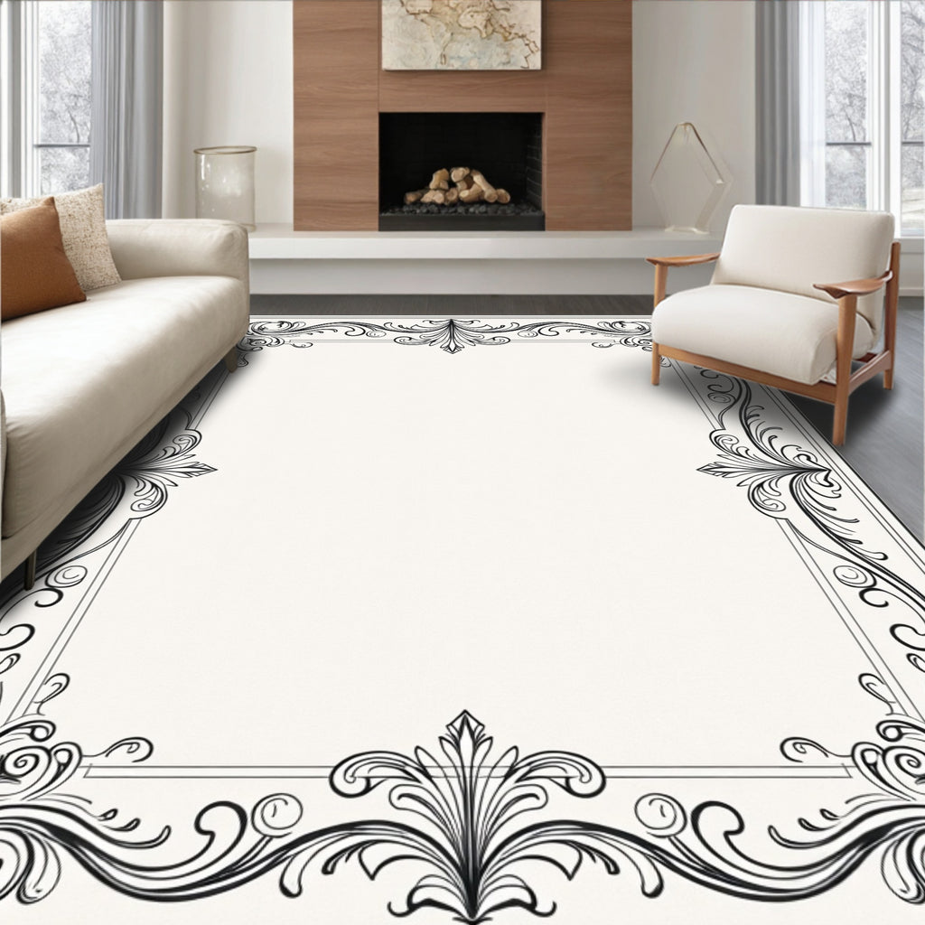 Elegant Black Wrought Iron Vine Border Rug