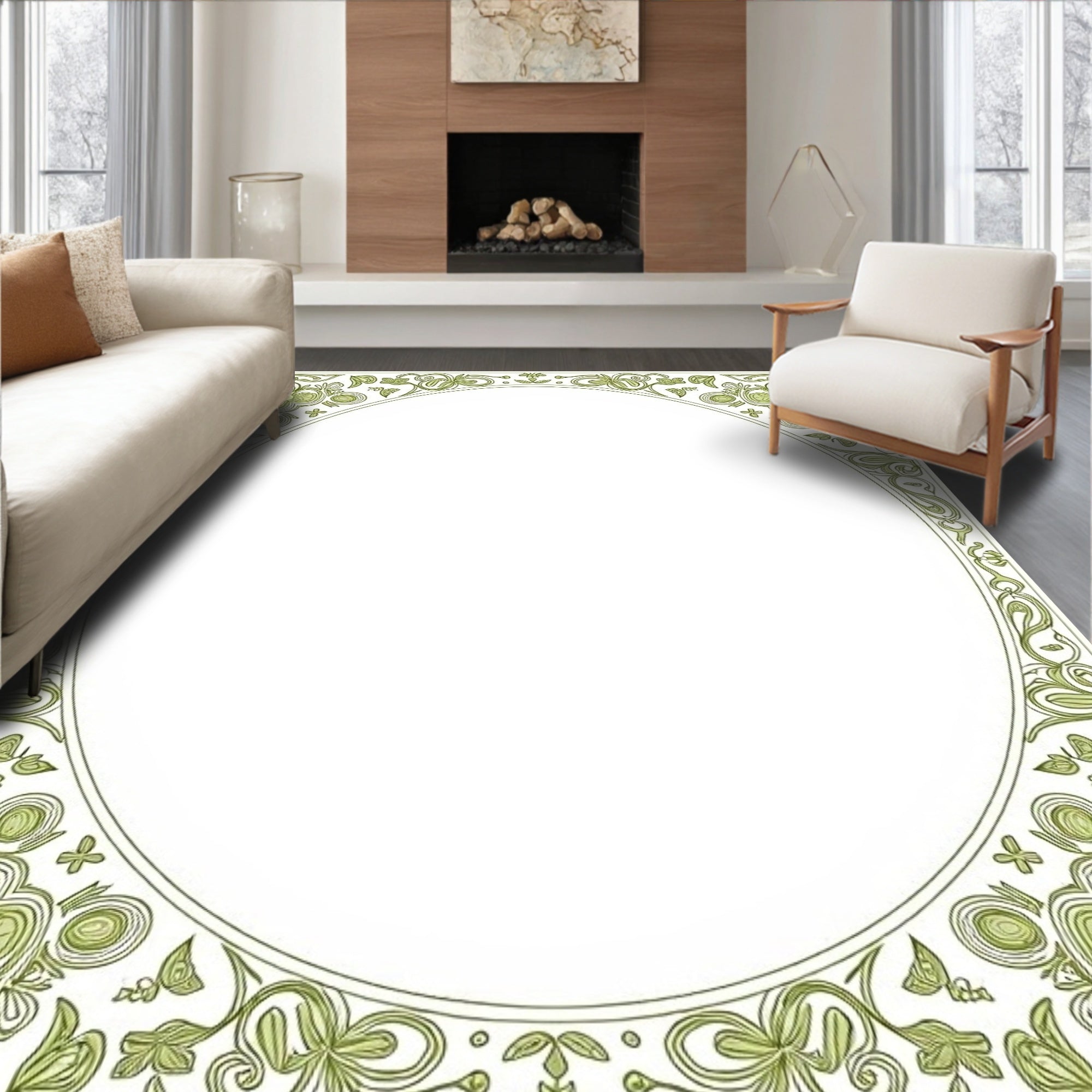 Ornate Floral Scroll Olive Border Rug