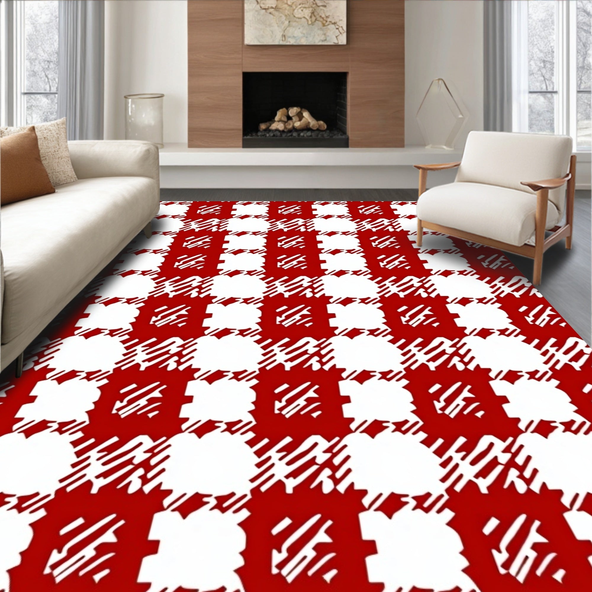 Bold Red White Checkered Loom Pattern Rug