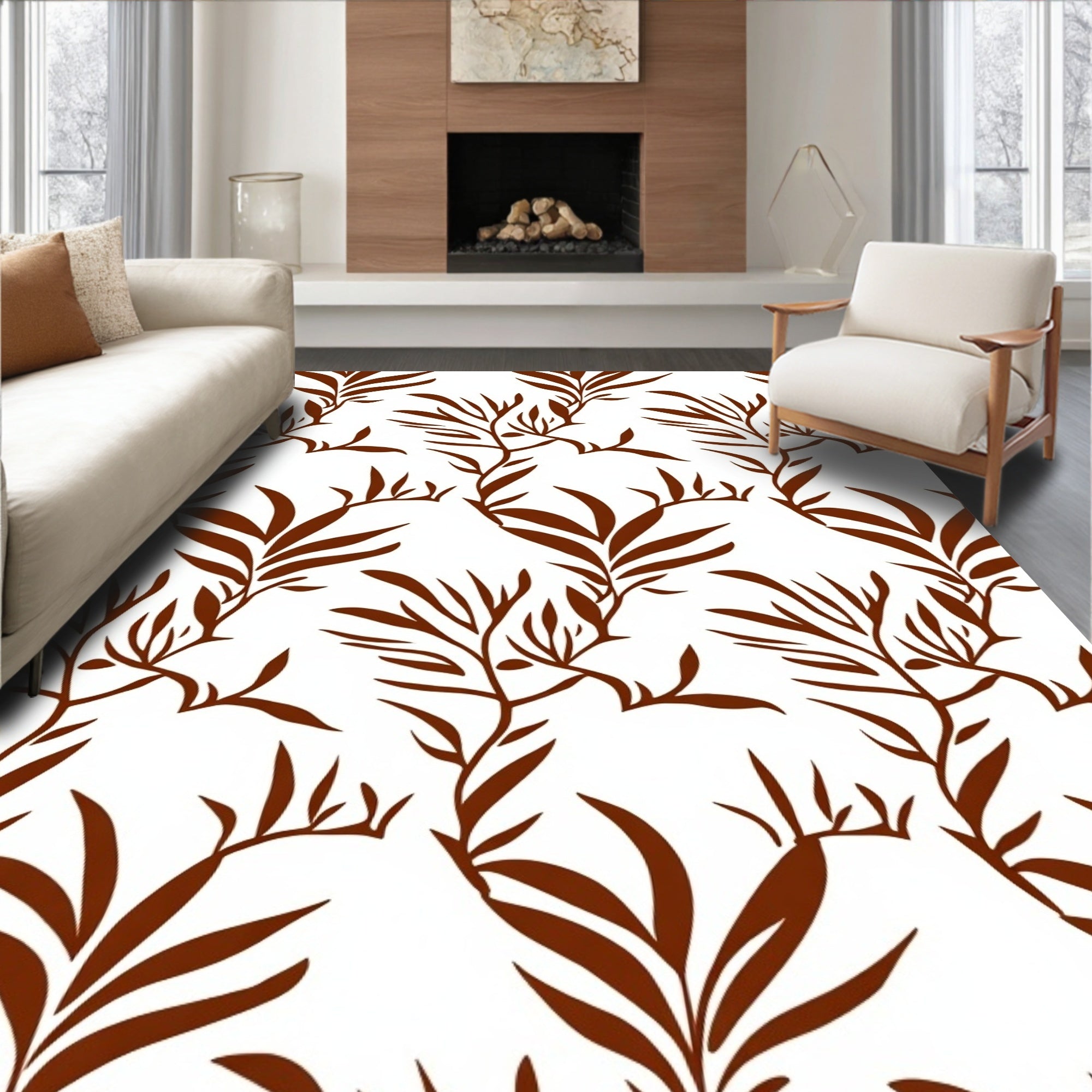 Brown Botanical Branch Pattern Rug