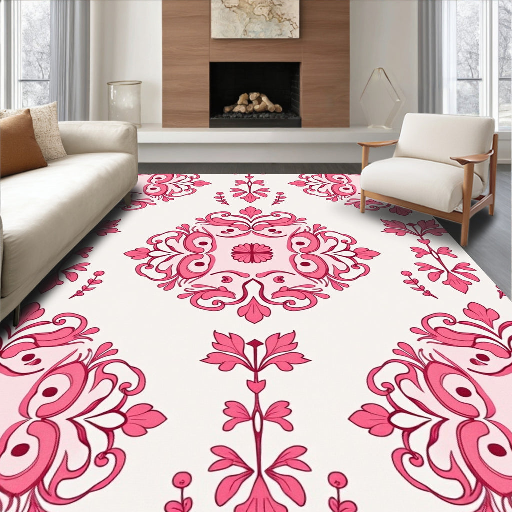 Elegant Pink Floral Damask Pattern Rug