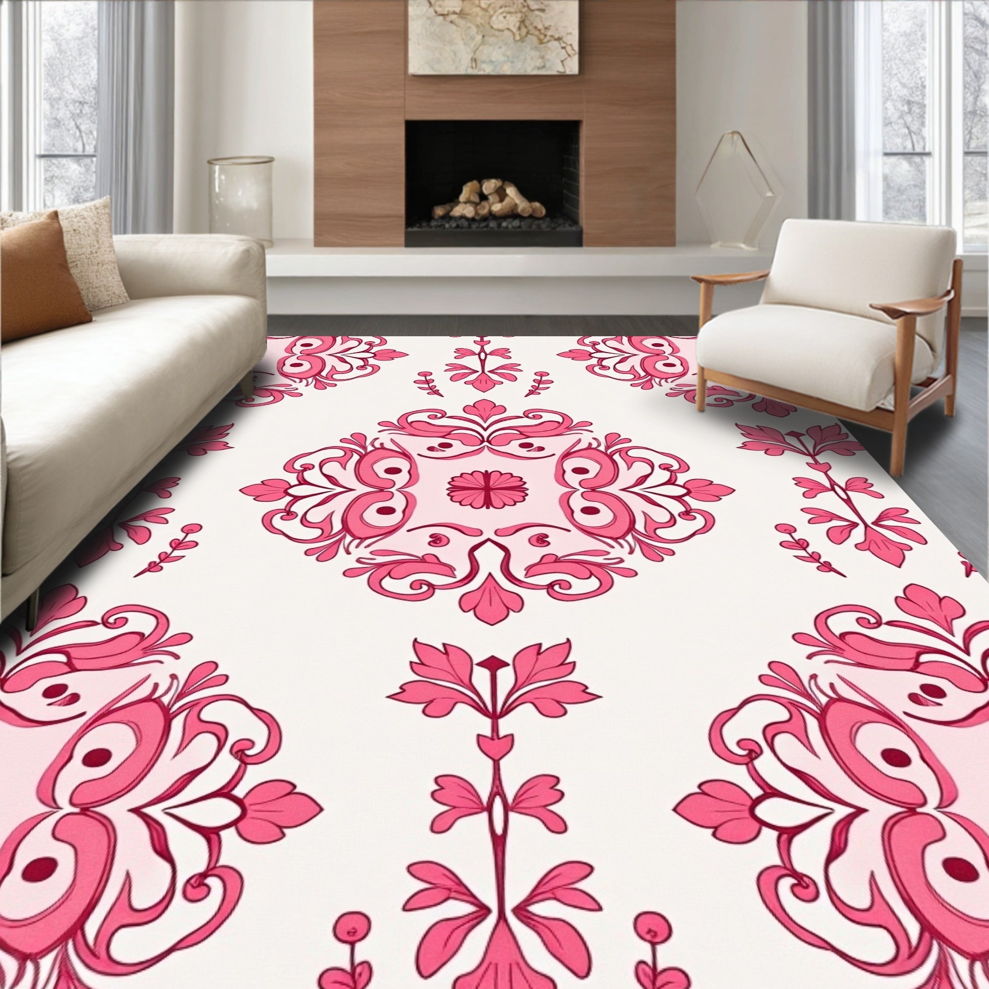 Elegant Pink Floral Damask Pattern Rug
