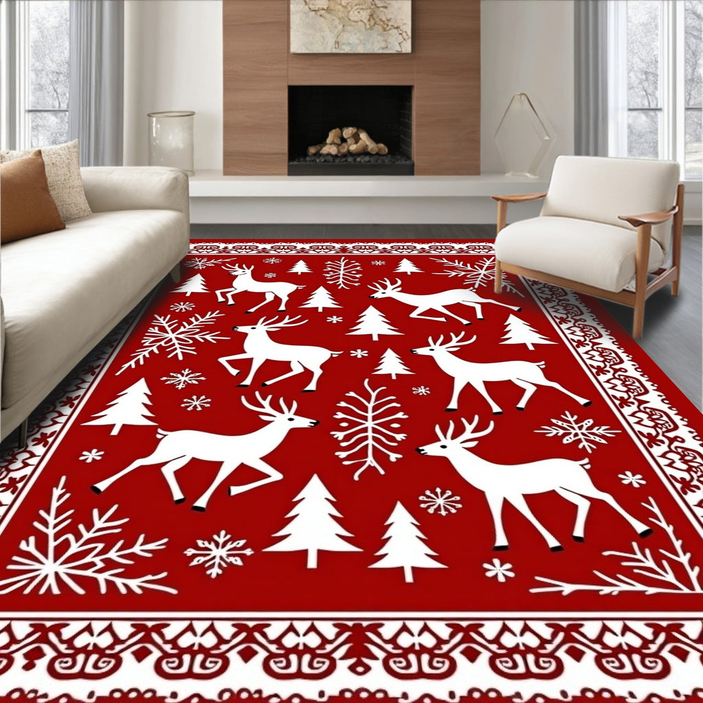 Winter Woodland 7 Deer Snowflake Pattern Rug