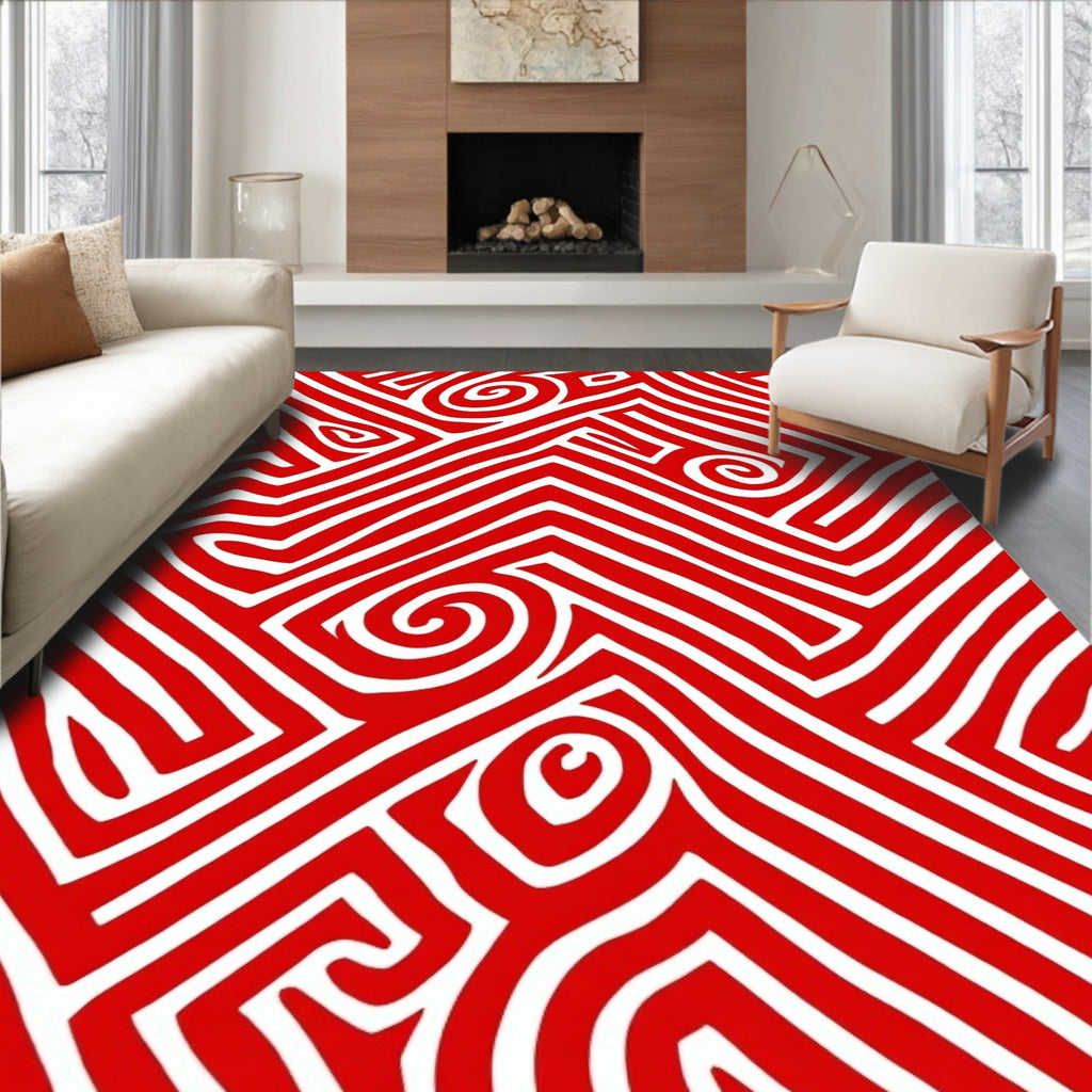 Bold Red Swirl Geometric Lines Rug