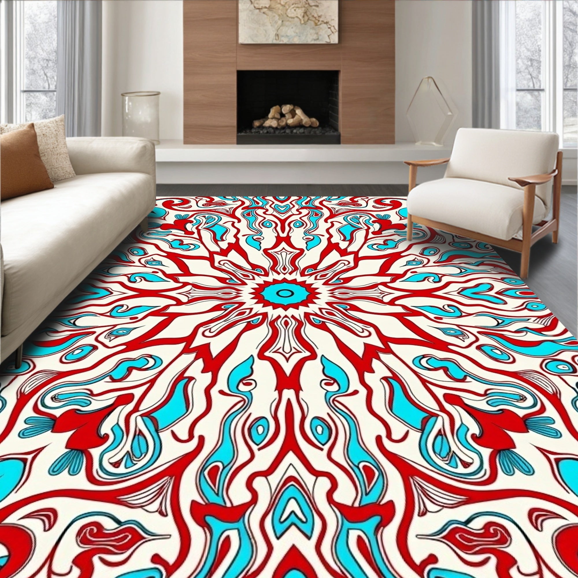 Bold Red Teal Swirl Mandala Rug