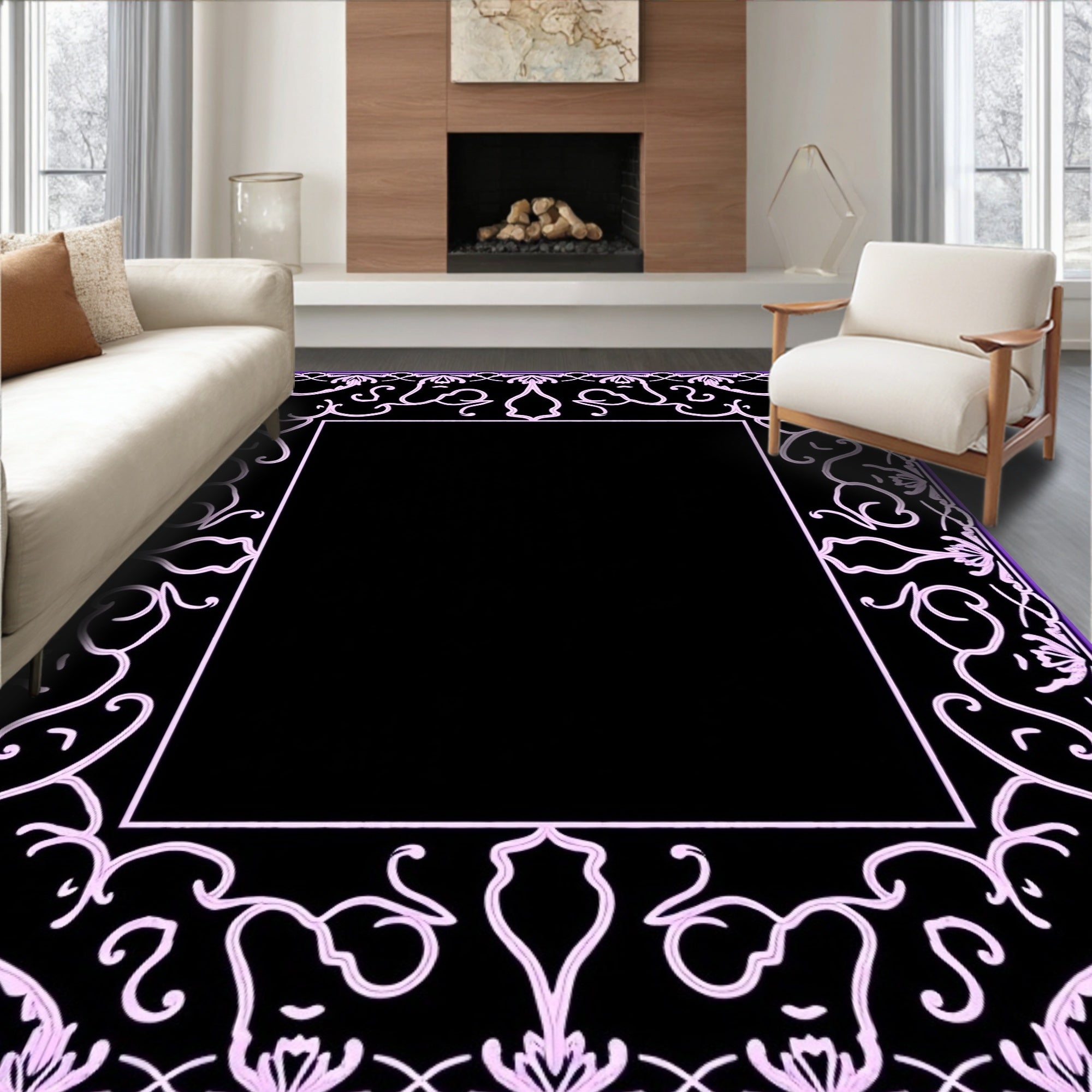 Ornate Lavender Floral Swirl Pattern Rug