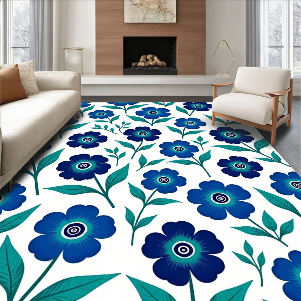 Blue Floral Pattern Petal Design Rug