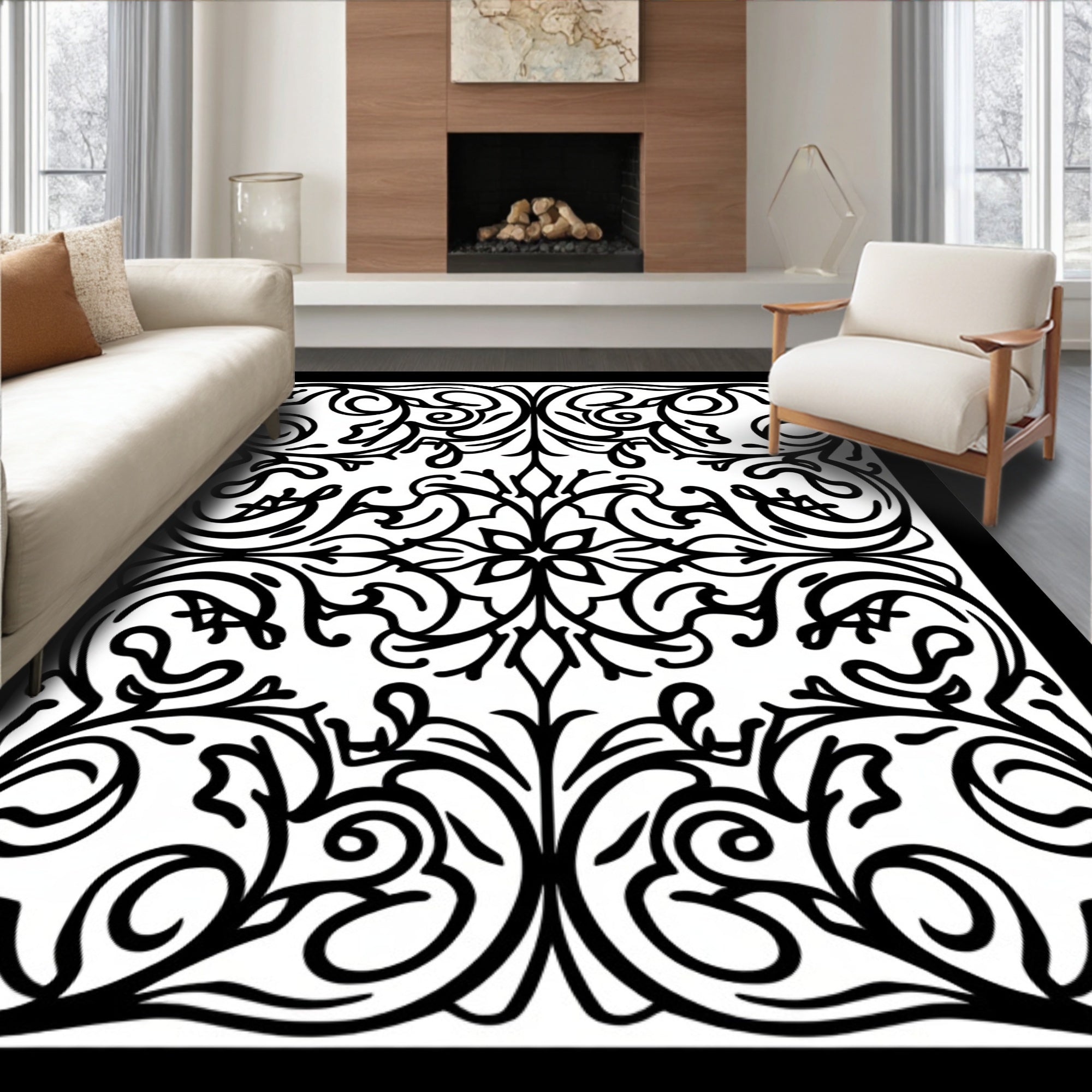 Ornate Black White Floral Swirls Rug