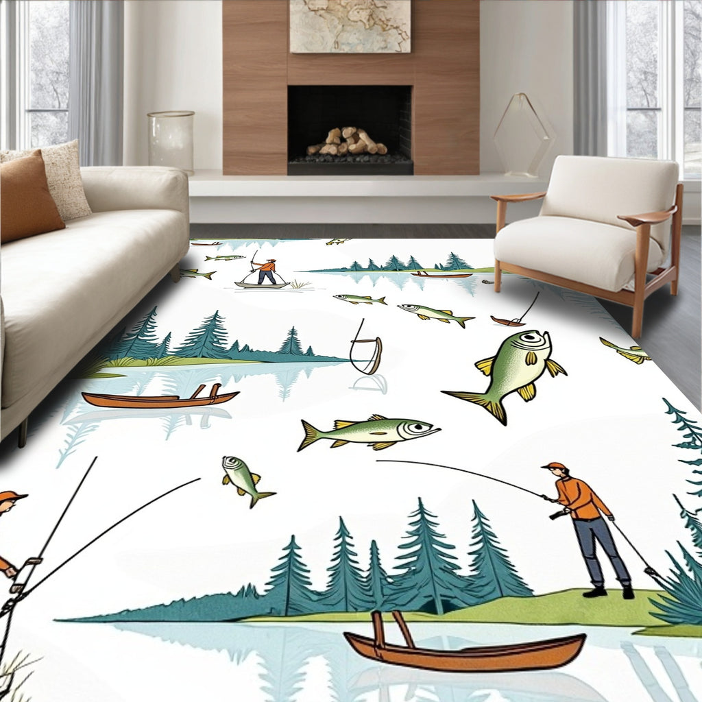 Fishing Scene with Forest Lake Pattern Rug