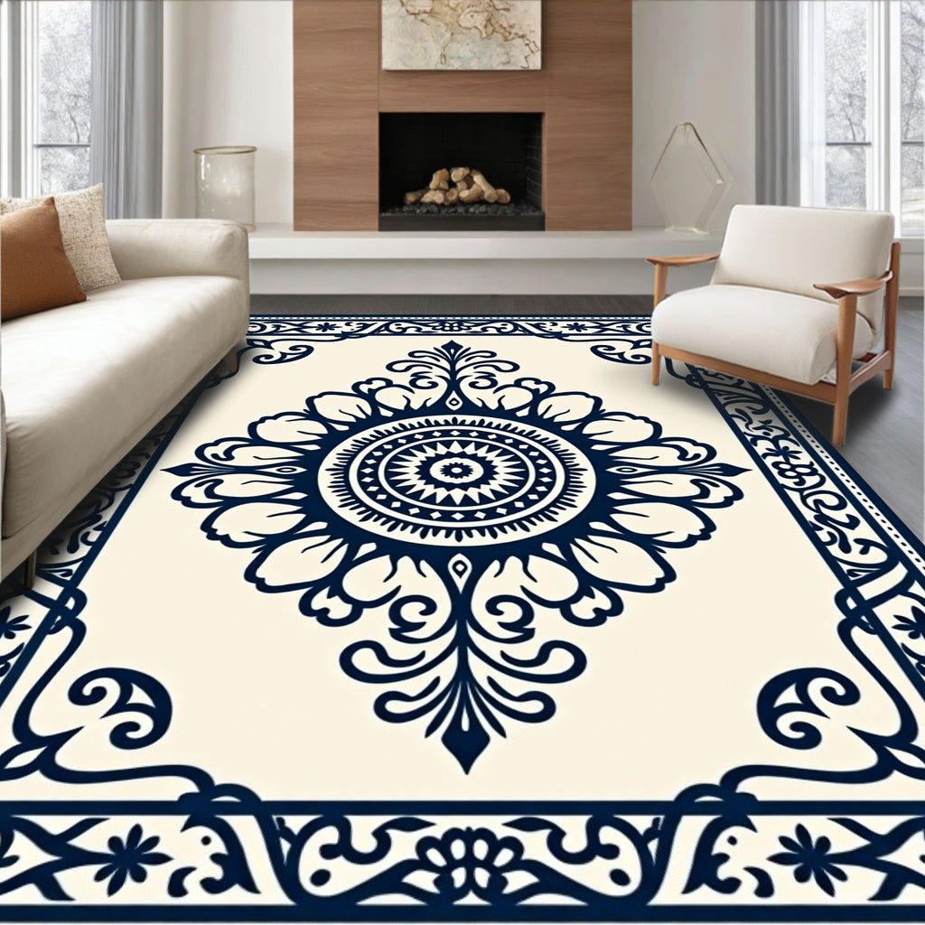 Classic Dark Navy Intricate Floral Design Rug