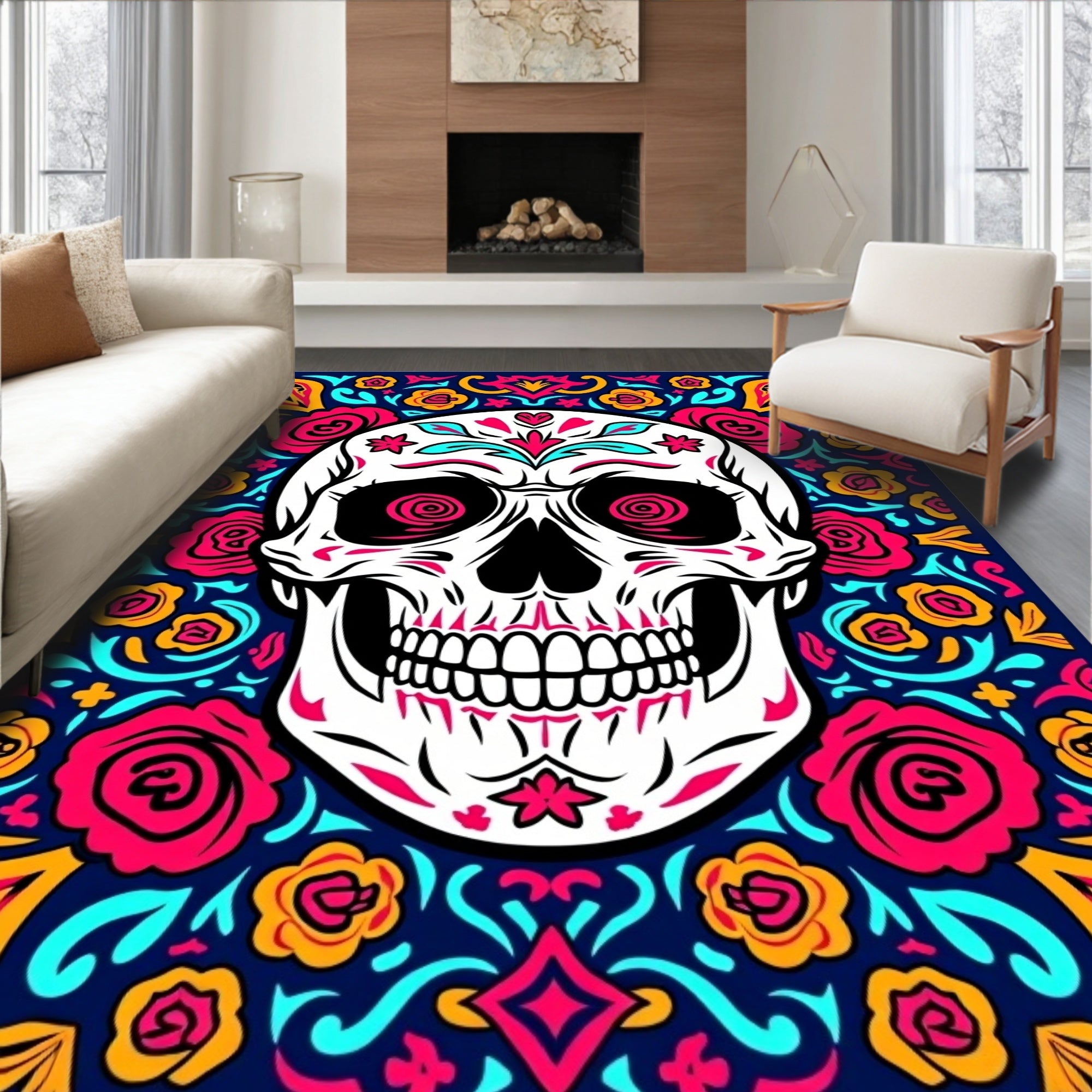 Vibrant Floral Skull Pattern Rug