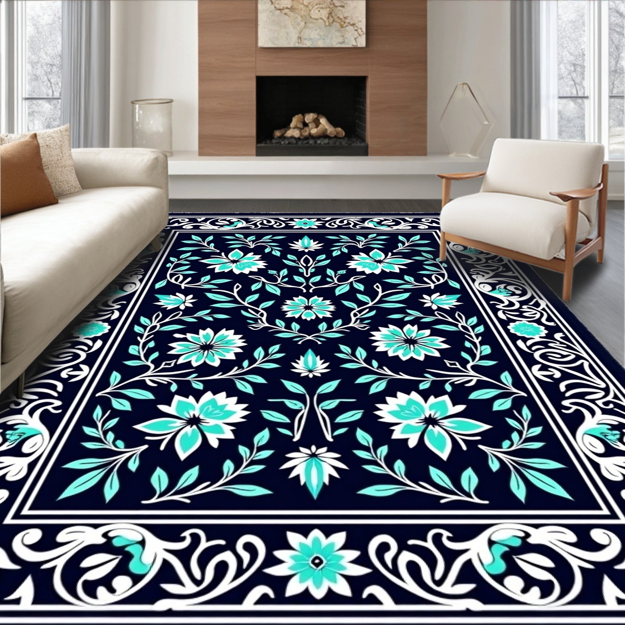 Turquoise Floral Vine Pattern Rug
