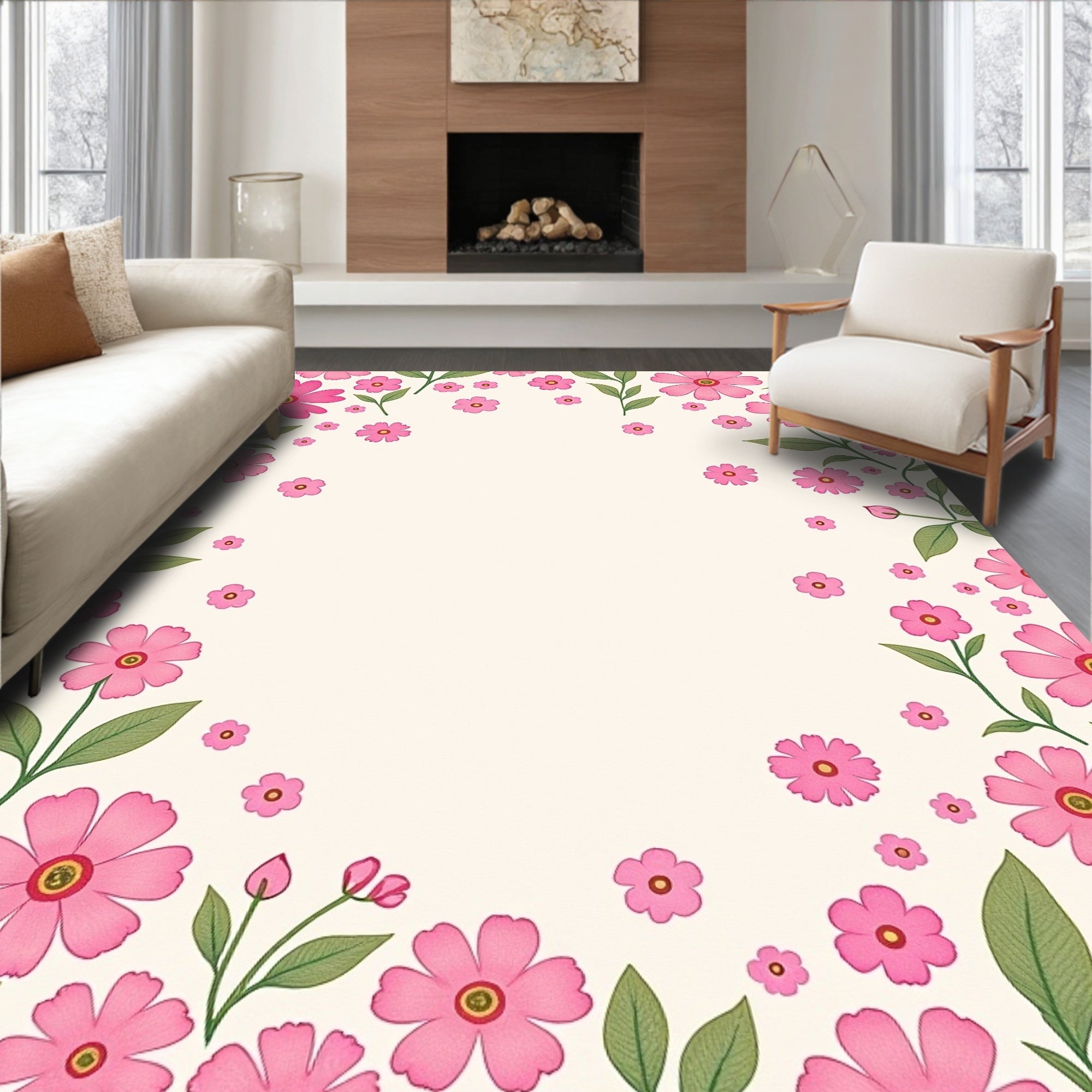 Spring Floral Pink Blossom Pattern Rug
