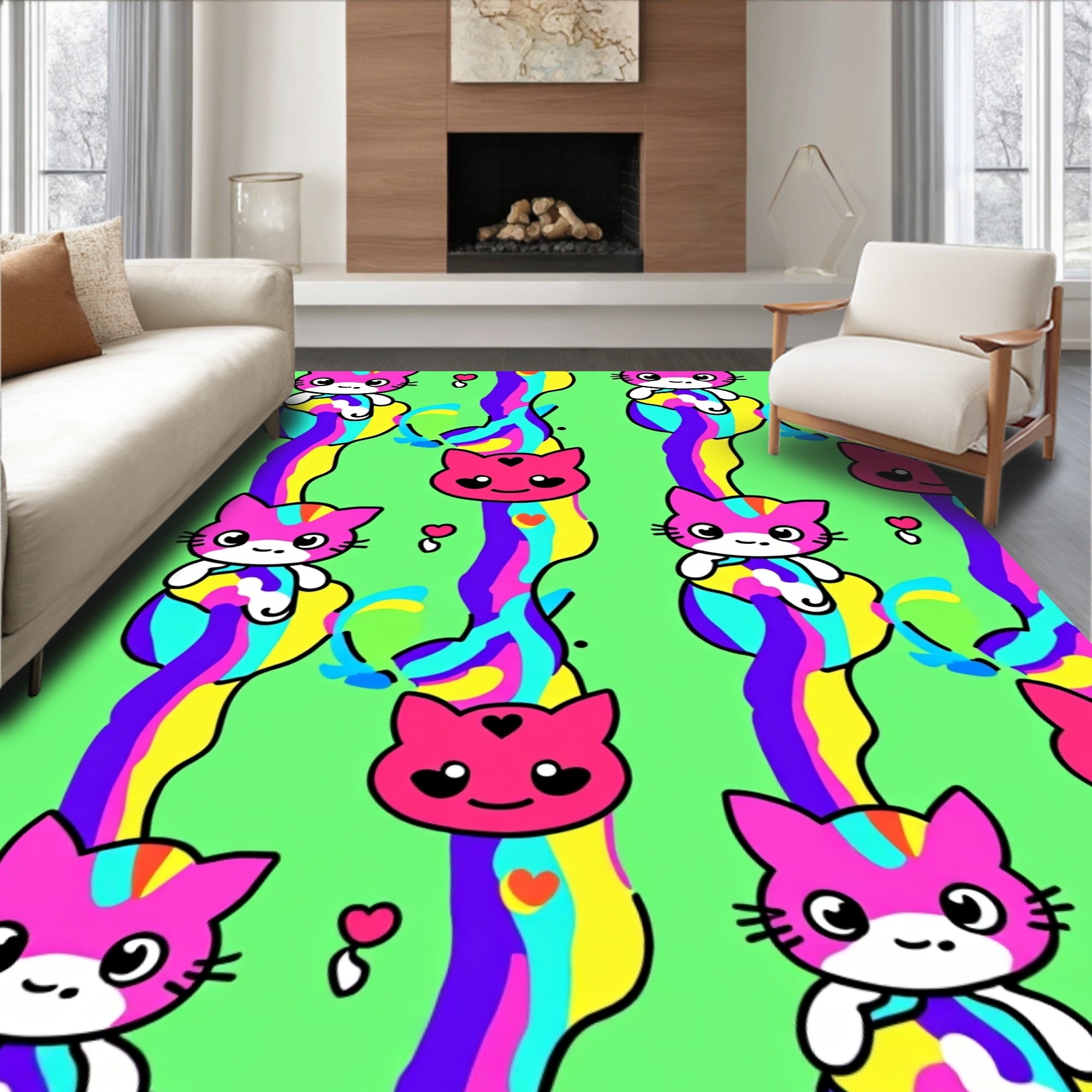 Cute Kitty Rainbow Swirl Pattern Rug