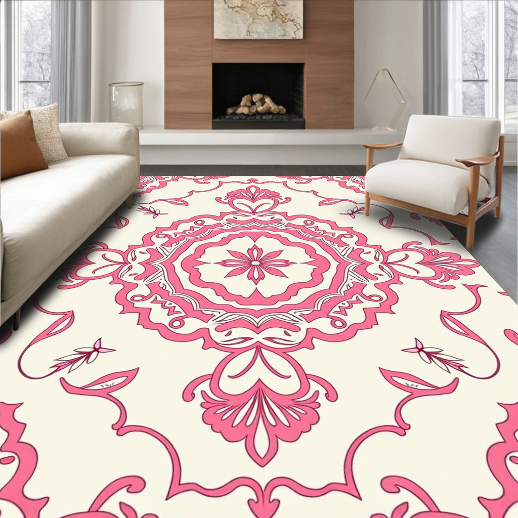 Pink Floral Medallion Damask Rug