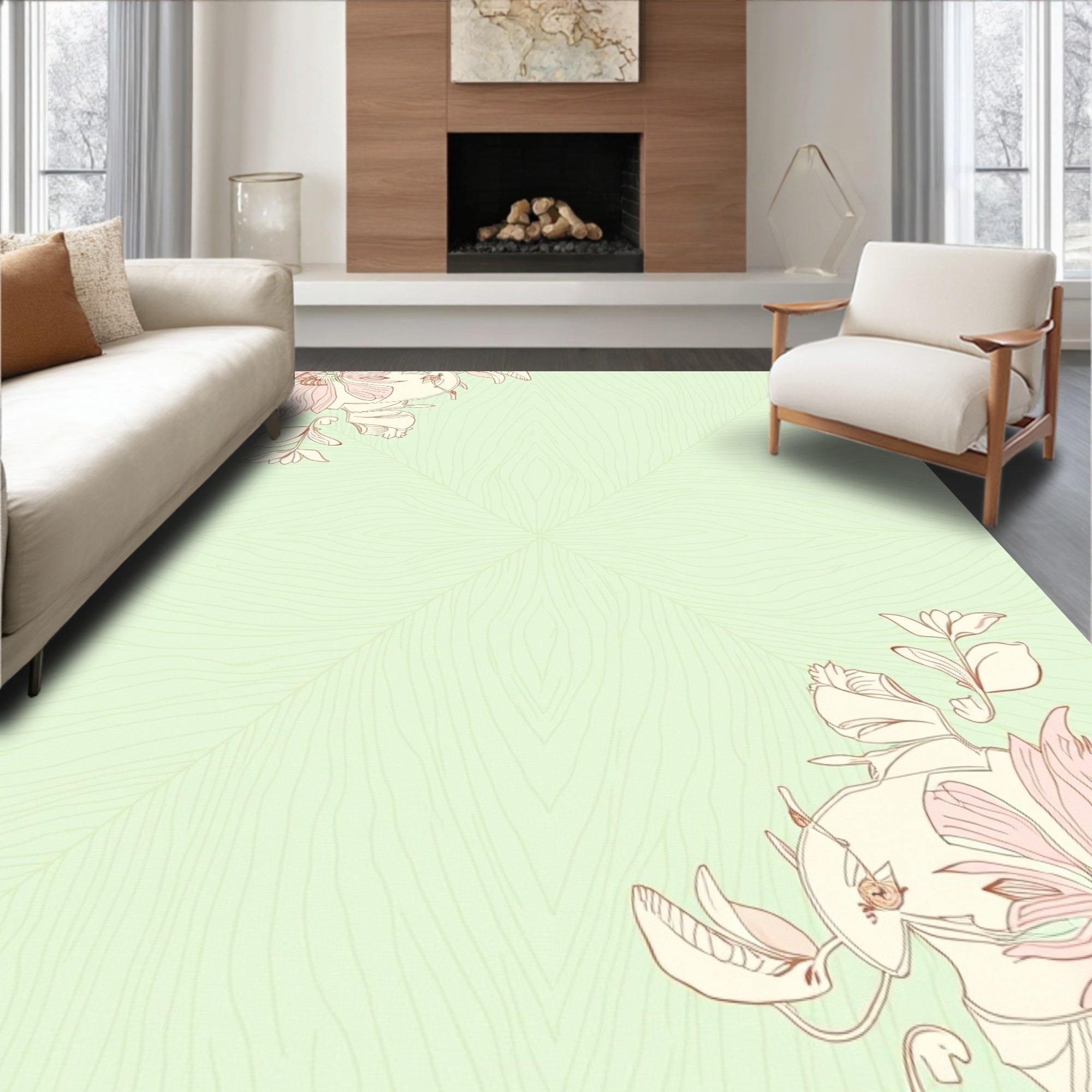 Pale Green Floral Line Art Rug