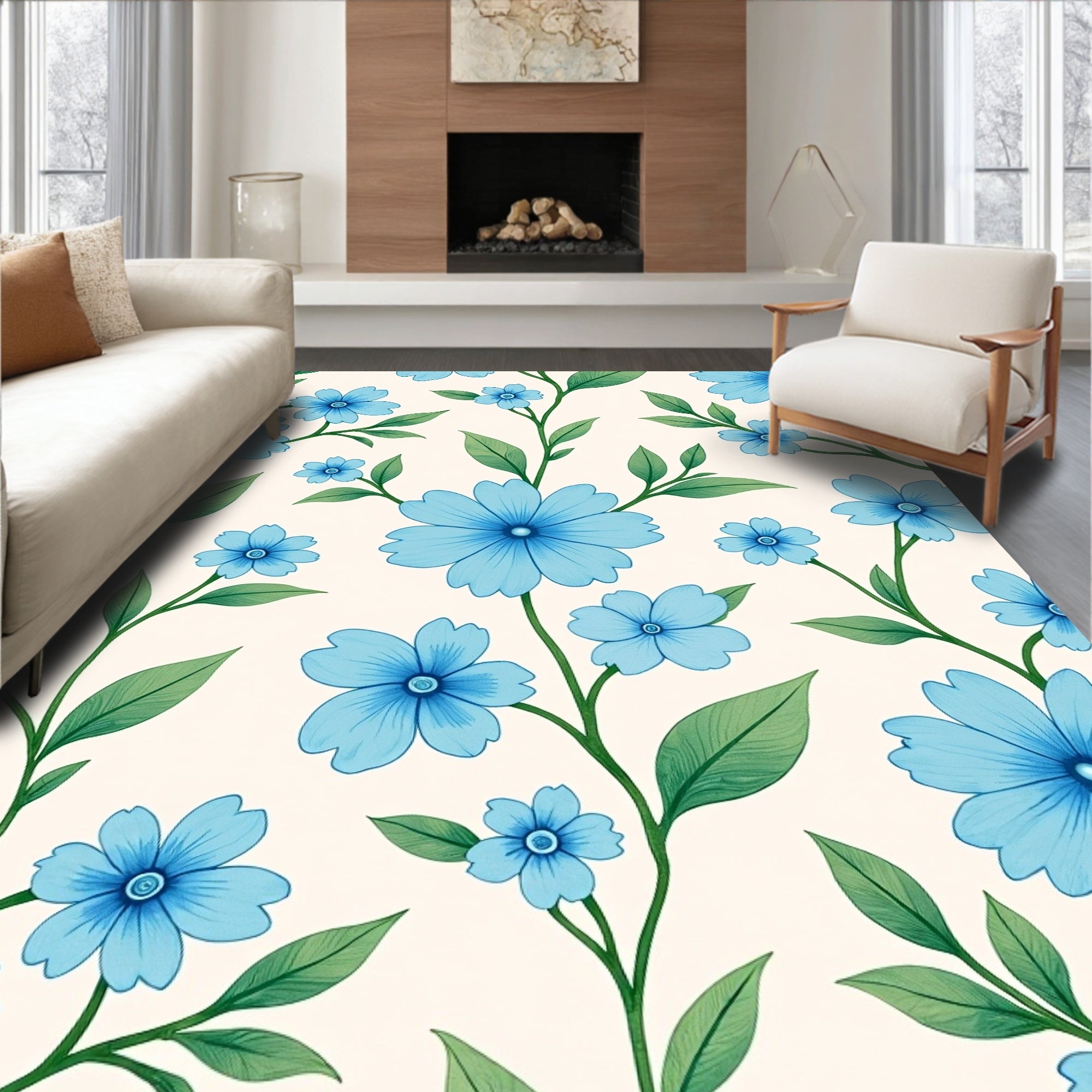 Blue Floral Vine Pattern Rug