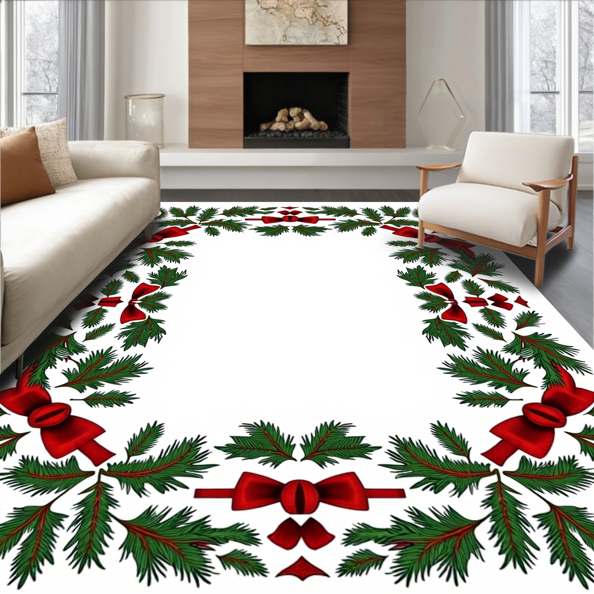 Festive Greenery Red Bowmed Border Rug