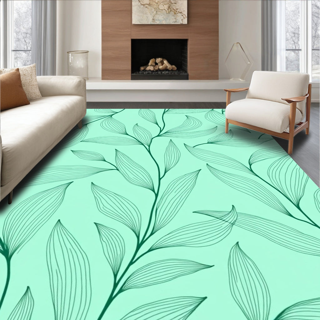 Delicate Green Leaf Line Art Pattern Rug