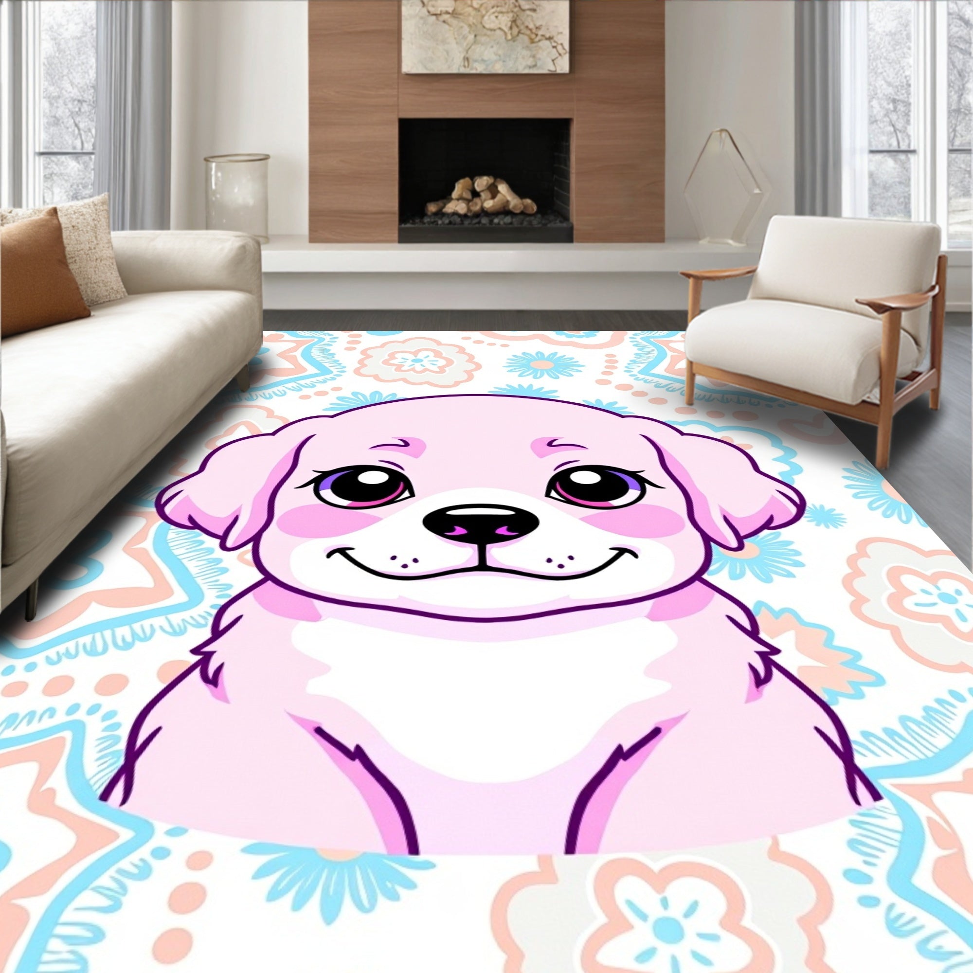 Cute Pink Puppy Floral Pattern Rug