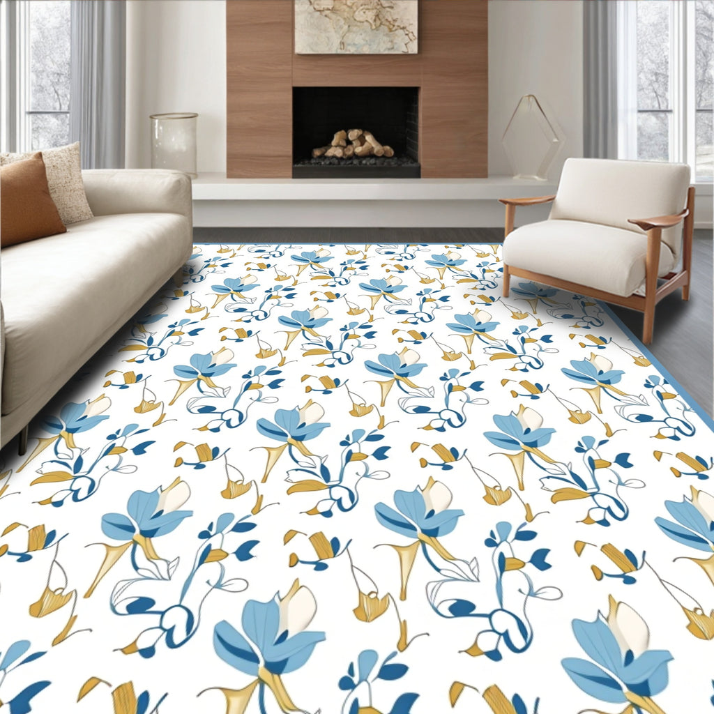 Blue Gold Floral Swirl Pattern Rug
