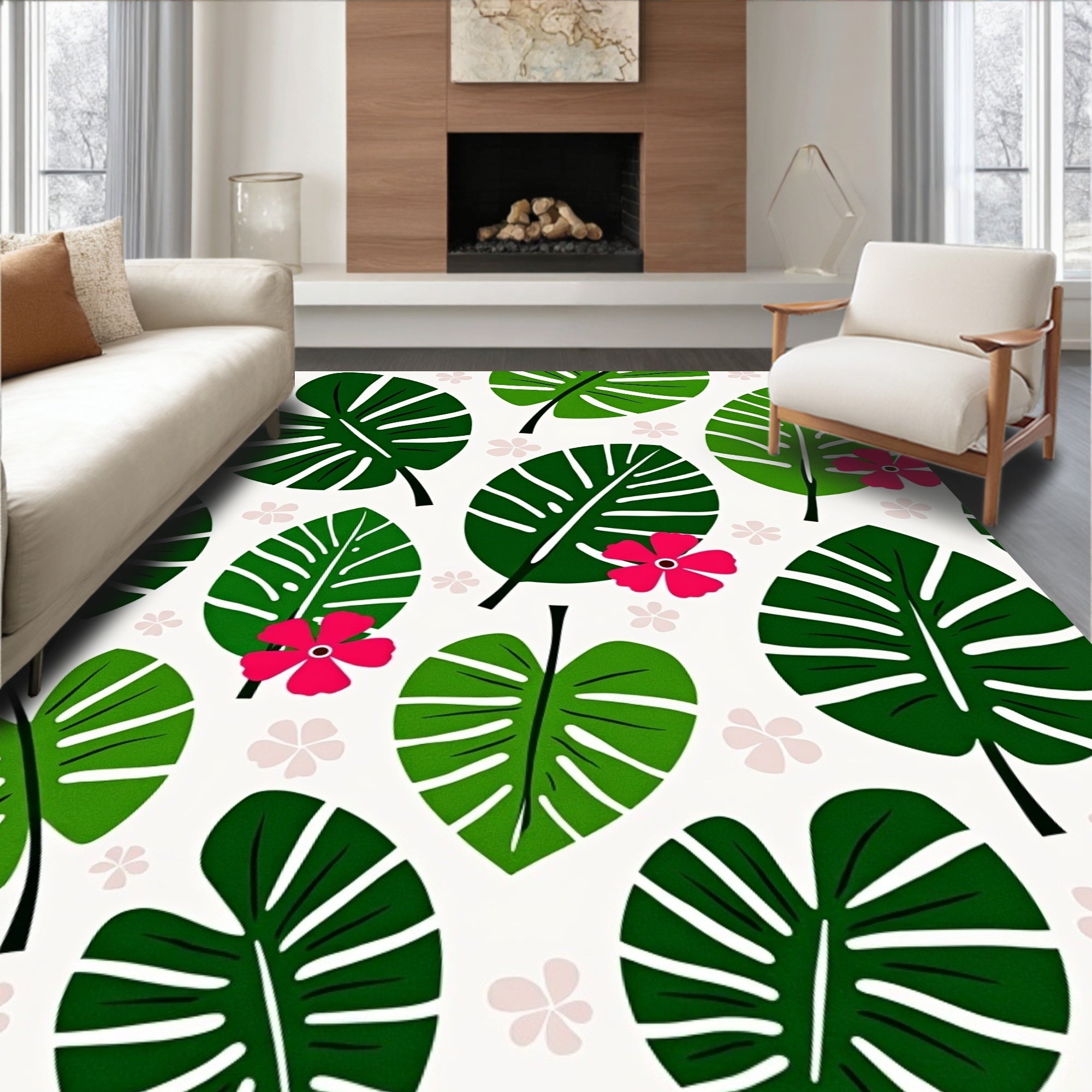 Vibrant Green Tropical Foliage Flowers Rug