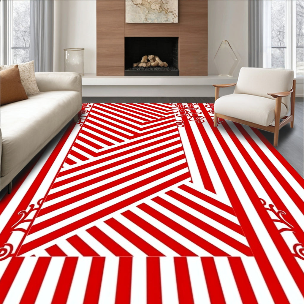 Red White Striped Swirl Pattern Rug