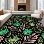 Tropical Pink Green Leafy Black Rug