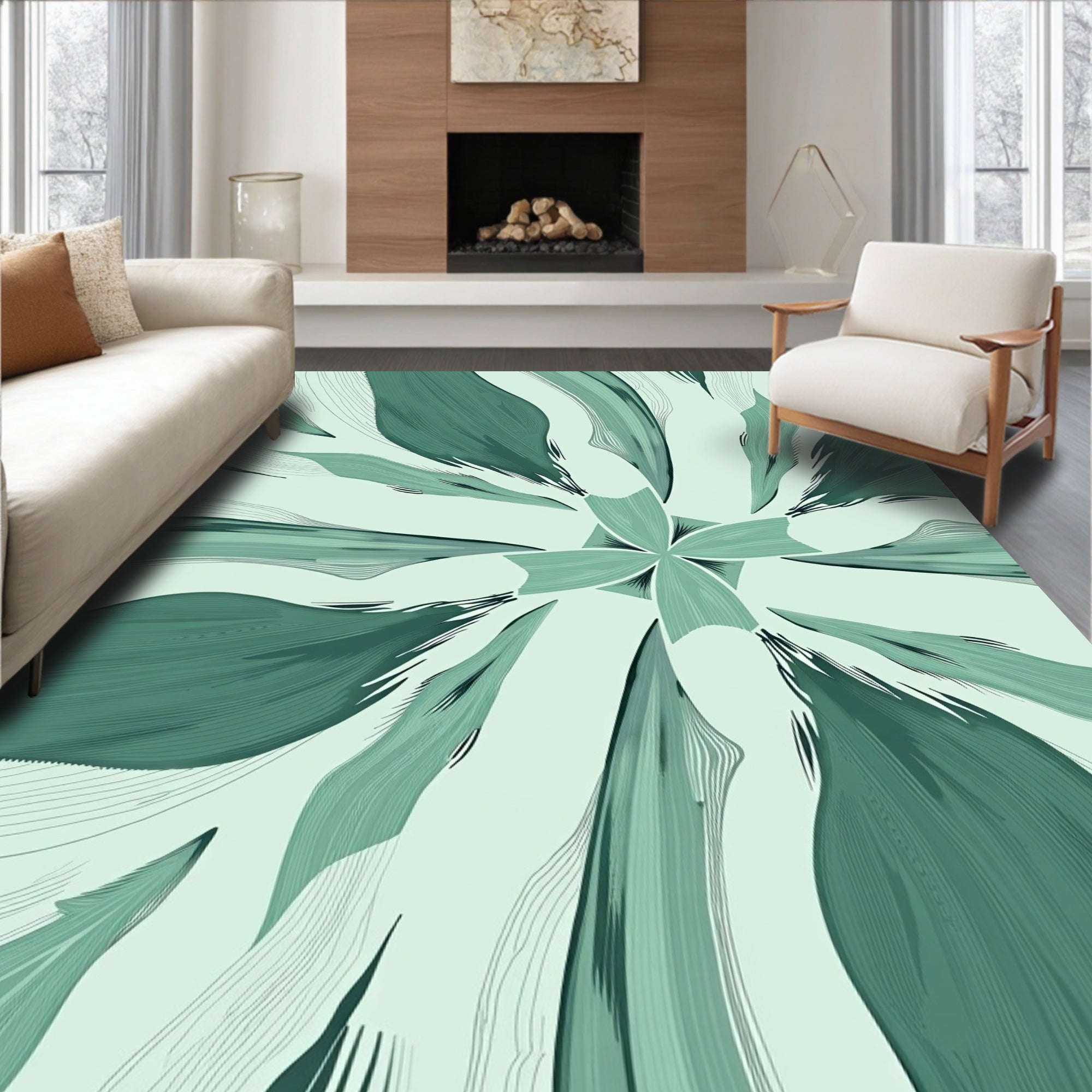 Abstract Green Leaf Pattern Rug