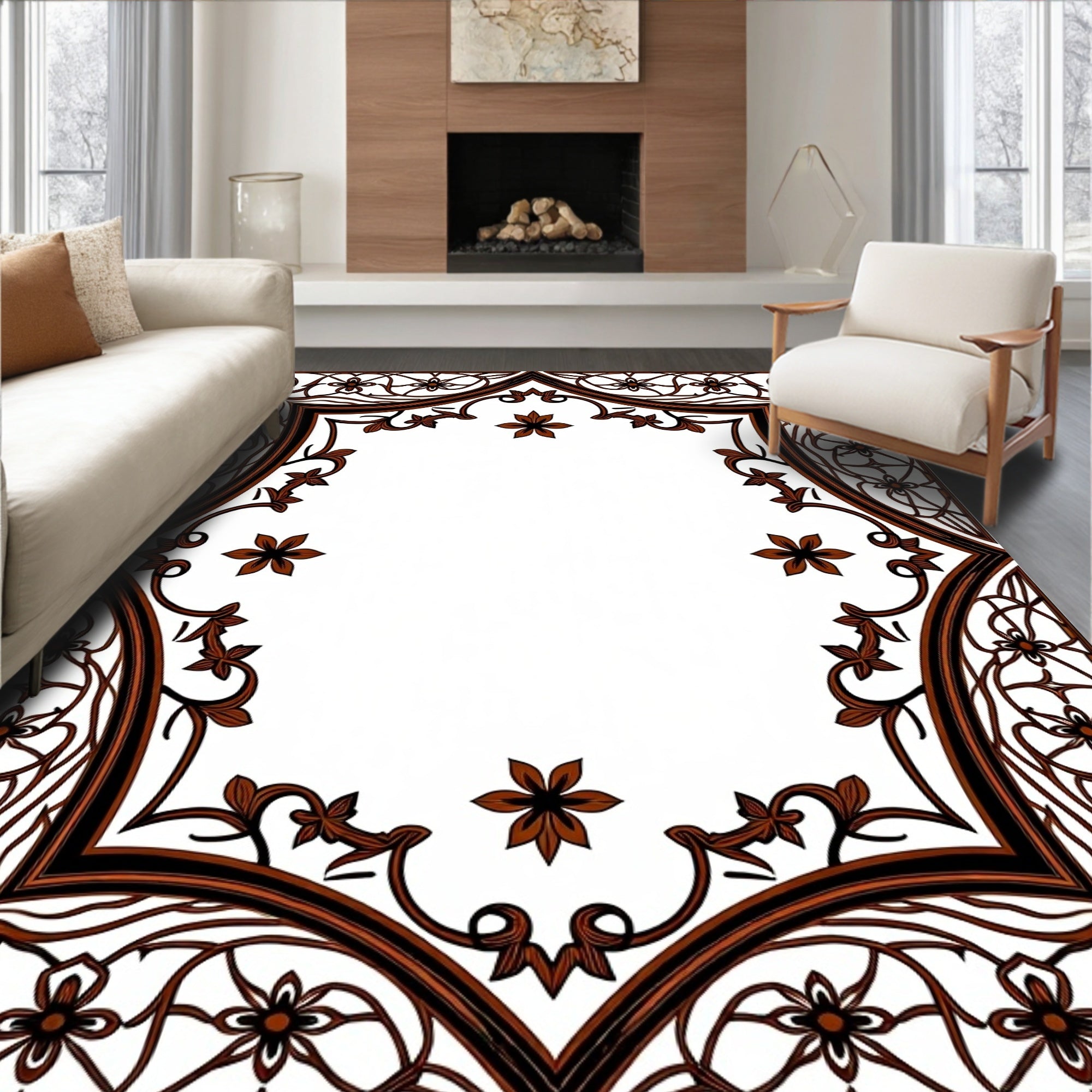 Intricate Floral Arabesque Border Design Rug