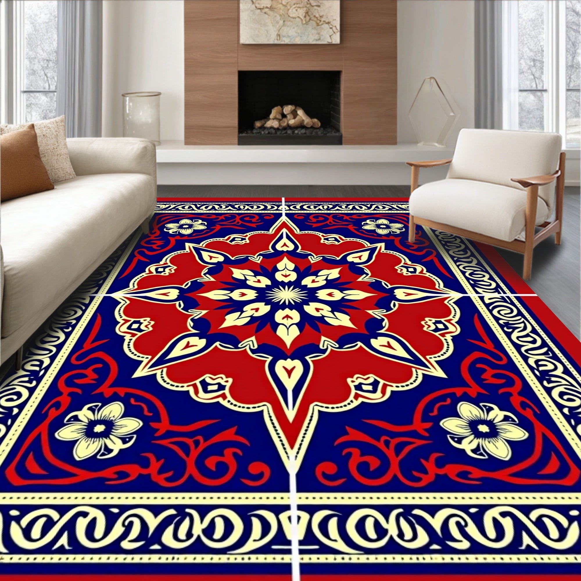 Bold Red Blue Floral Mandala Rug