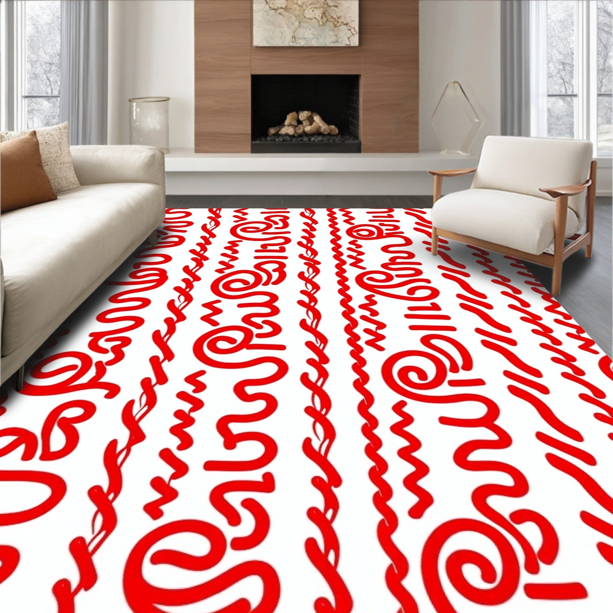 Bold Red Calligraphic Swirls Rug