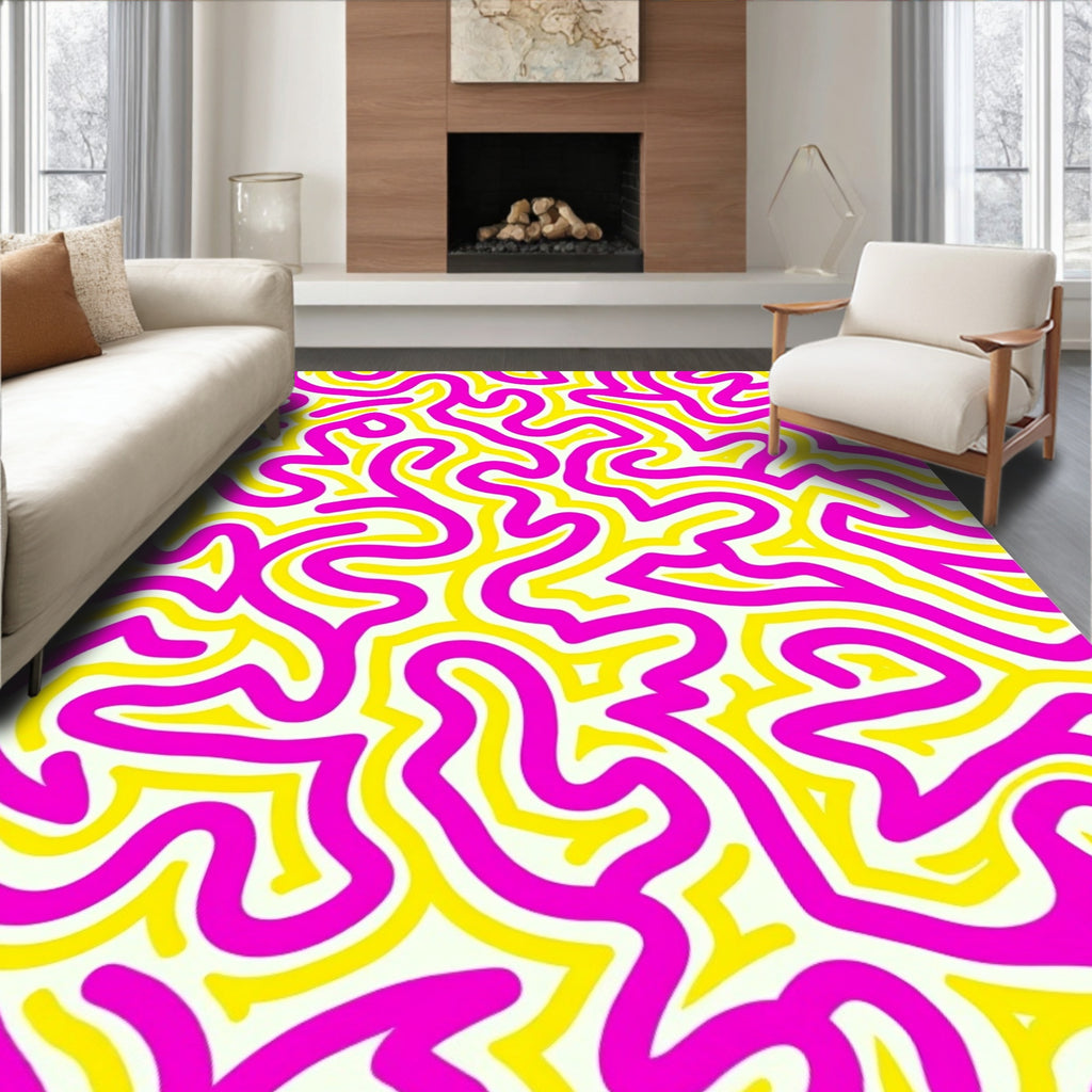 Bright Pink Yellow Abstract Swirl Pattern Rug