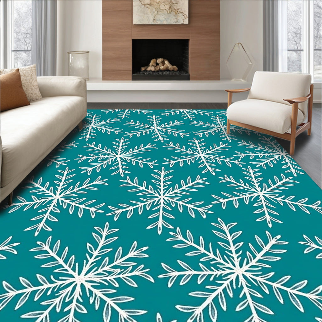 White Snowflake Pattern on Teal Background Rug