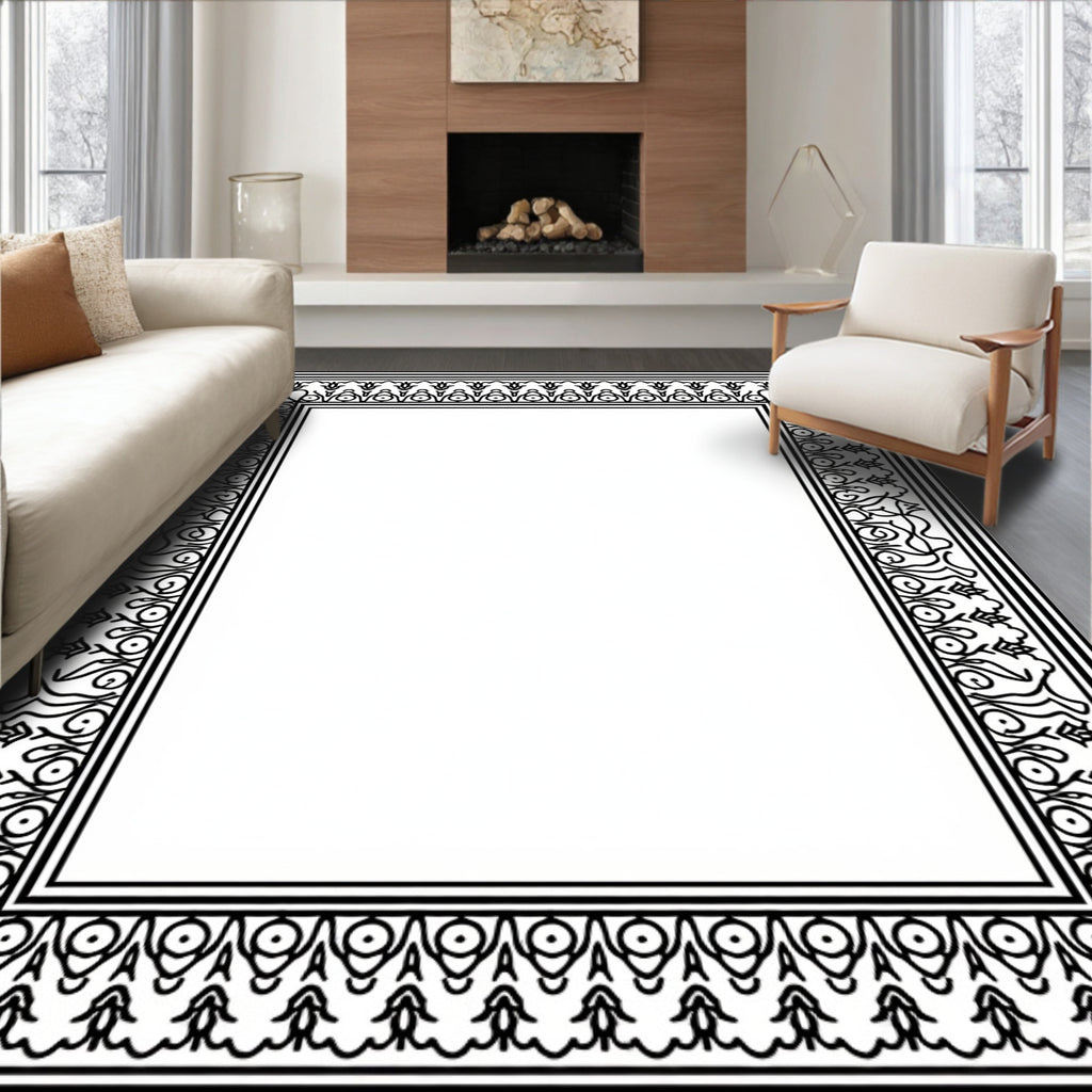 Intricate Black White Floral Border Rug