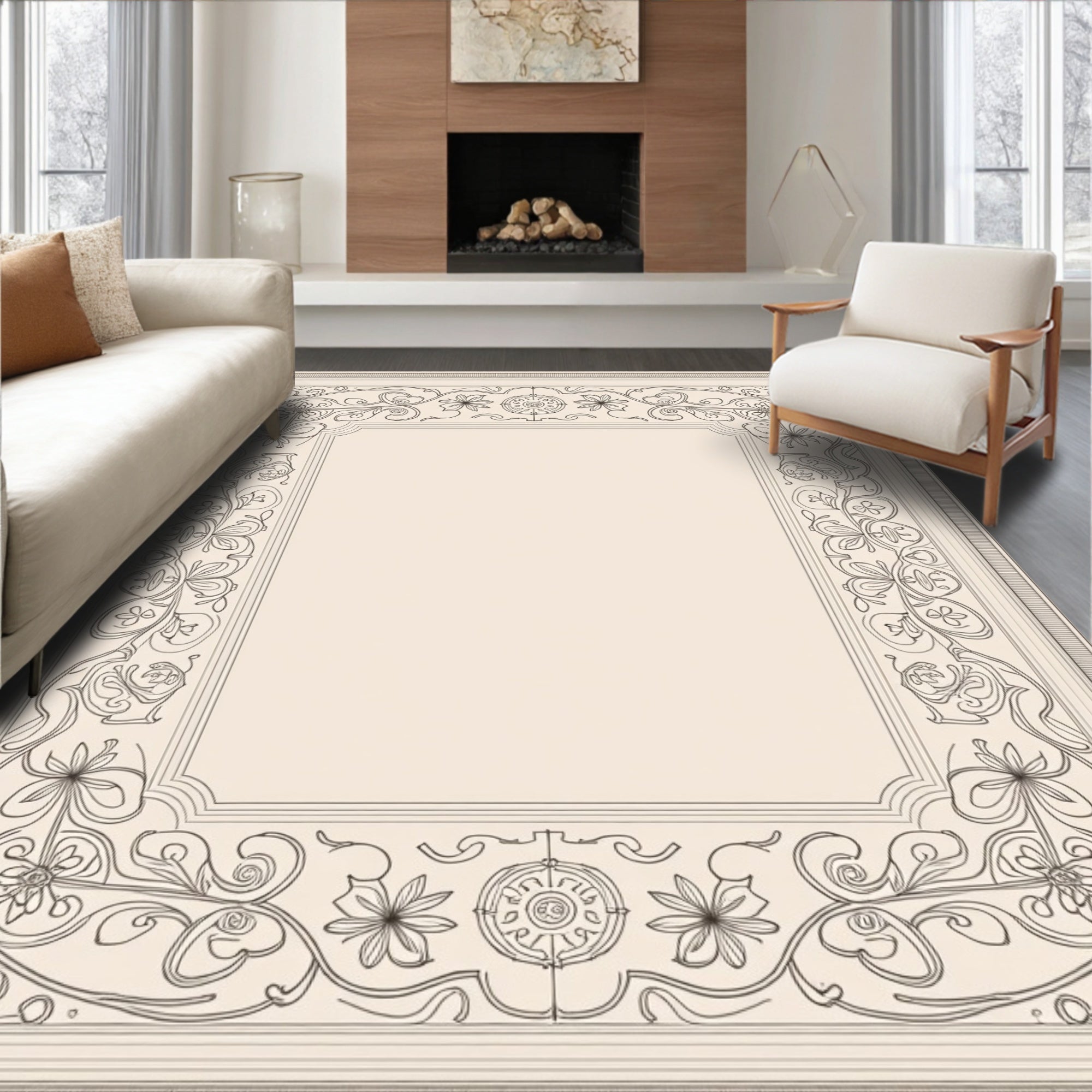 Elegant Floral Scrollwork Patterned Rug