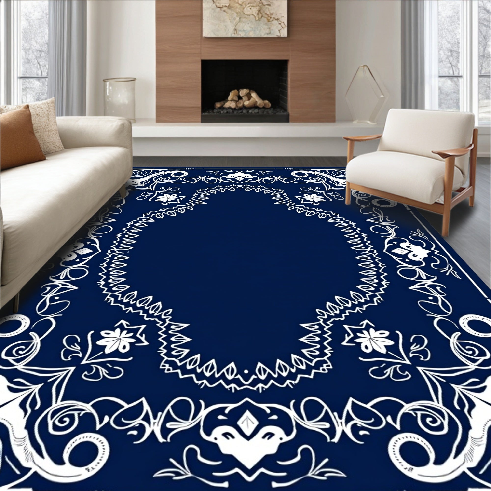 Navy White Ornate Scrollwork Arabesque Rug