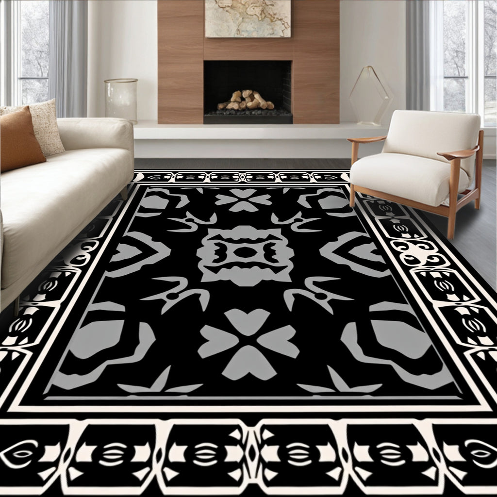 Striking Black Gray Ornamental Motif Rug
